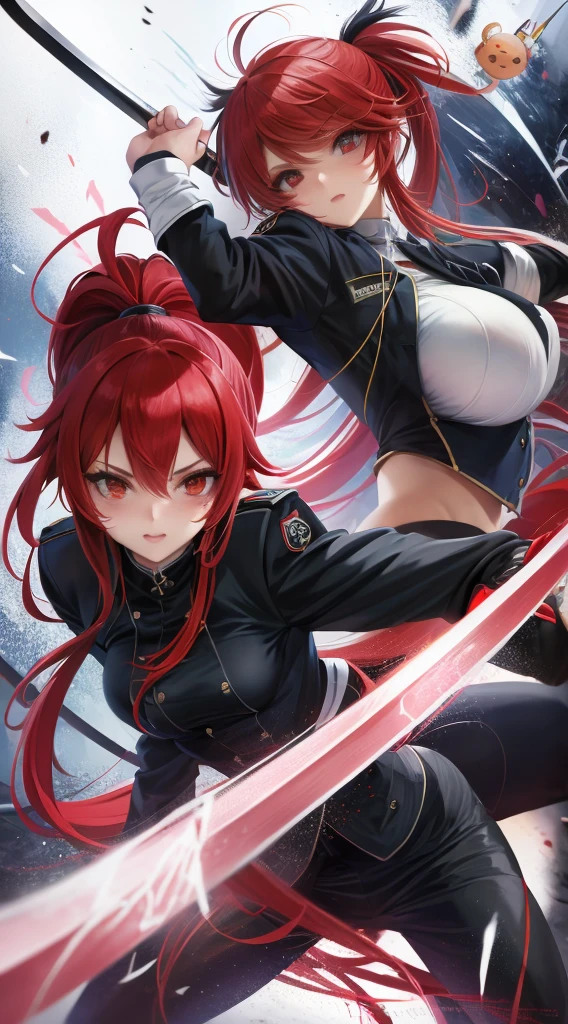 The drawing features a woman with an anime or Japanese style. He has straight, deep red hair that falls to his shoulders. His eyes are also an intense red color, transmitting a determined and energetic look.

She wears an elegant dress with a cool biker theme. The dress combines the colors red and black in a striking way. The upper part of the dress is a vibrant red, with black accents that give it a bold and modern look. The skirt of the dress reaches the knees and is black, with red ornaments and details that highlight its design.

The woman has a confident and confident demeanor, possibly holding a motorcycle helmet in one of her hands. Around it, additional elements can be added to enhance the motorcyclist theme, such as a motorcycle in the background or a cityscape.