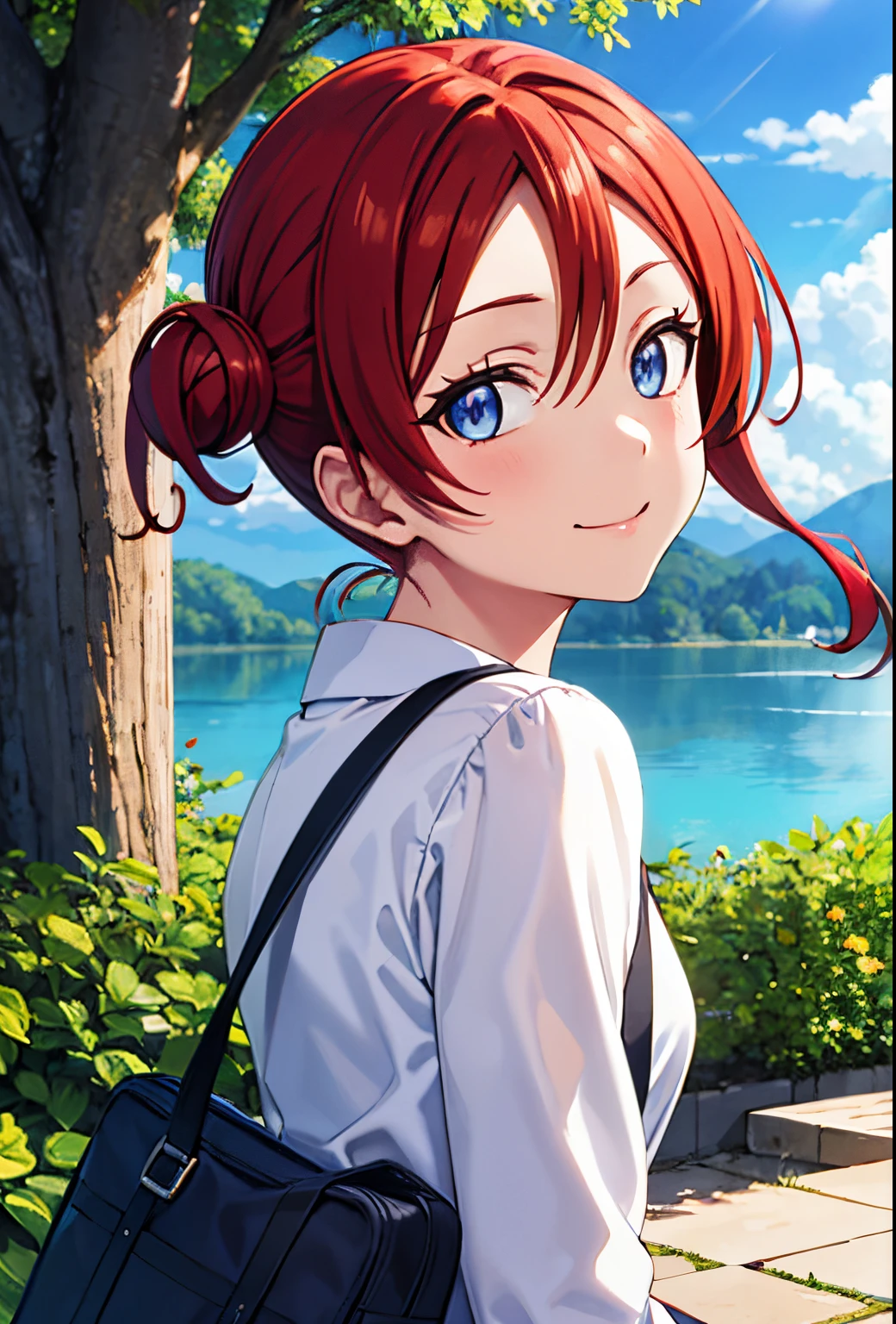 Yoneme_touko,  (masutepiece, Best Quality:1.2), 1girl in, Solo, Scenery, Illustration, Looking at Viewer, Outdoors, depth of filed, Light on Face, Portrait, Sunlight, skyporn, Smile, gloweyes, Lens Flare, Rural, country,Floating hair, flower, tree, lake, A hill, cloud, 校服