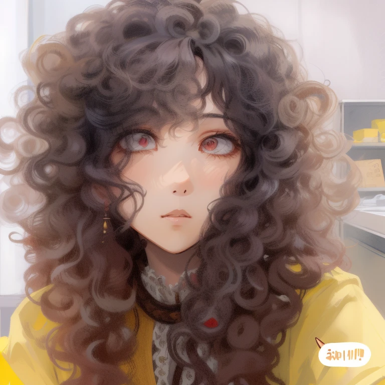 there  a long hair、Woman in a shirt, Curly bangs, Messy curls, curly hair theme, Messy long curly hair, curlies, Large hair, with long coiled hair, curlies, curled, perm, frizzy hair, with long coiled hair, su fu, Curly bangs and ponytail, wavy hair loose, 30-year-old woman