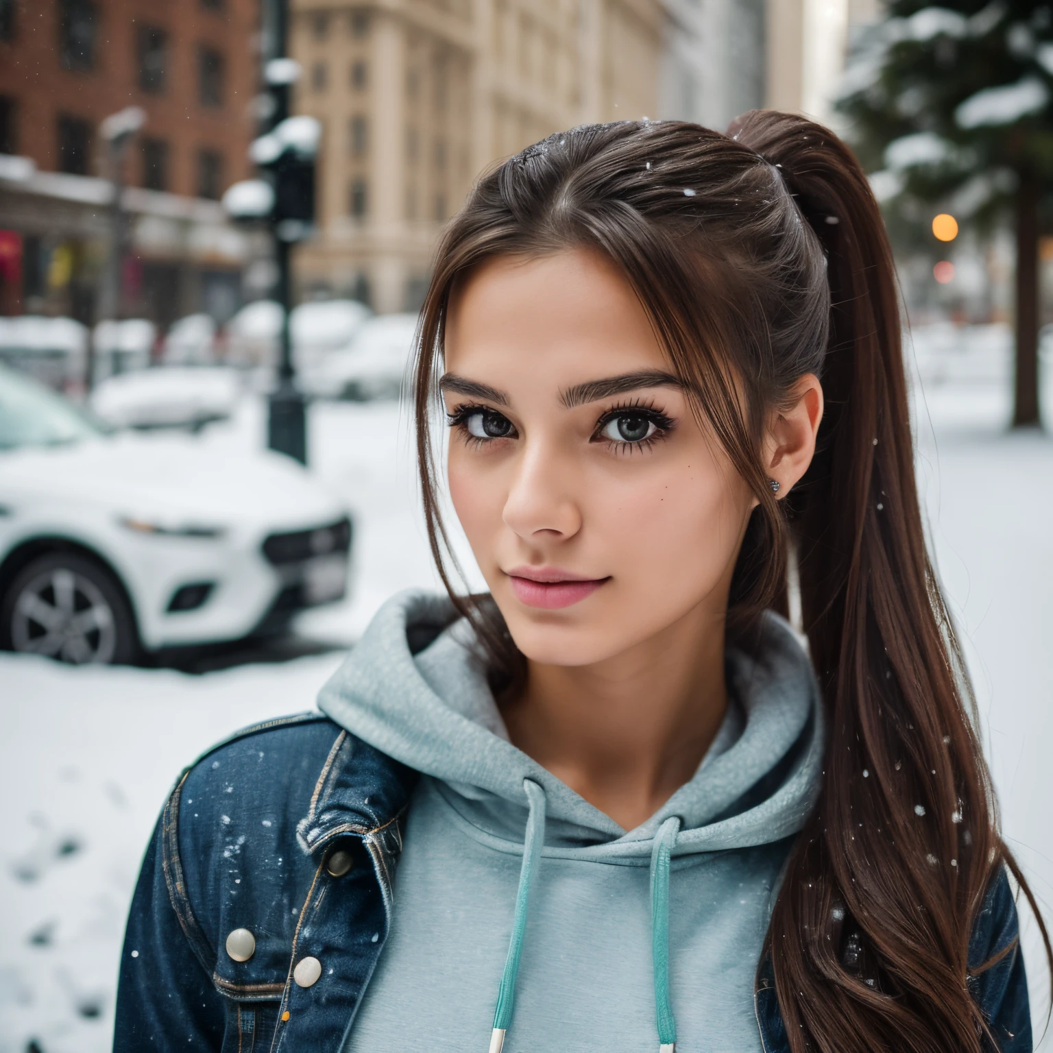 best quality, masterpiece, (realistic: 1.2), 20-year-old Italian woman, cute face, fit body, modern style, near Christmas Tree NYC, high ponytail hair, detailed face, detailed eyes, green eyes, thin lips, long dark wavy brunette hair detailed, happy expression, detailed skin, (look at the viewer, dramatic, vibrant, sharp focus, 50mm, F1.2, EOS-1D X Mark IIelfie) wearing torn black jeans, heels, crop hoodie, snowfall