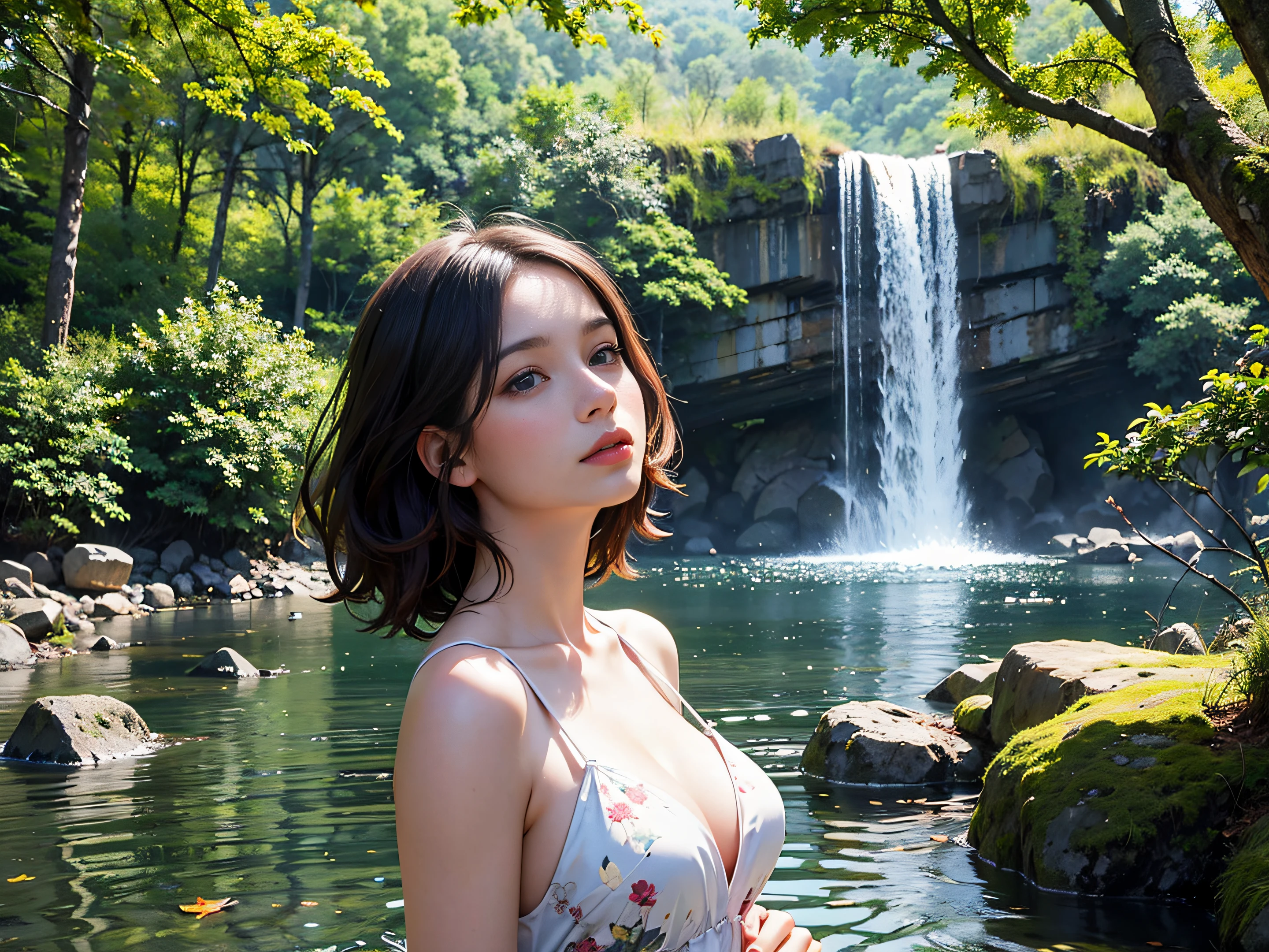 (Best Quality,4K,8K,hight resolution,masutepiece:1.2),Ultra-detailed,(Realistic,Photorealistic,Photorealsitic:1.37),(warm color),(Pale tones),black-haired girl standing at an intersection,her eyes are shining beautifully、Matched with soft pink lips,hand holding a leaf, Wearing a long sheer dress with a leaf print,(Medium_breasts:1.4), The tree々surrounded by lakes,Fallen leaves are scattered everywhere, her hair was parted in the middle,Looking up at the autumn leaves in the distance, alone in nature,Outdoor scenery,feel awe,stone statue, Ruins,A quiet waterfall flowing into crystal clear water