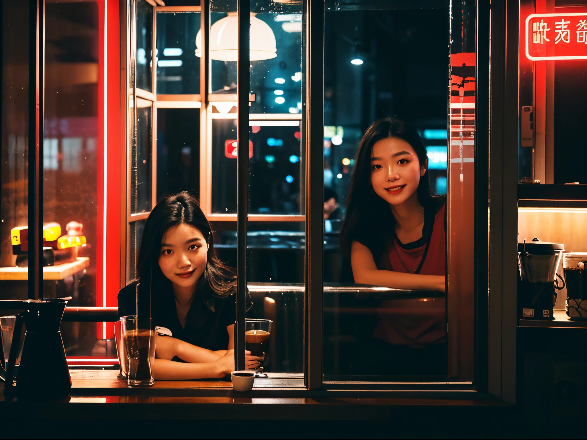 1girl, a woman sitting by the window of a coffee shop and drinking coffee. night, ((hong kong)), red light, neon sign, (little smile:1.2), the photographer walking down the street looked beautiful and took pictures of her outside the window, snapshot, street photography, (face that visible through the glass:1.3), dark, low light, low key, wide angle