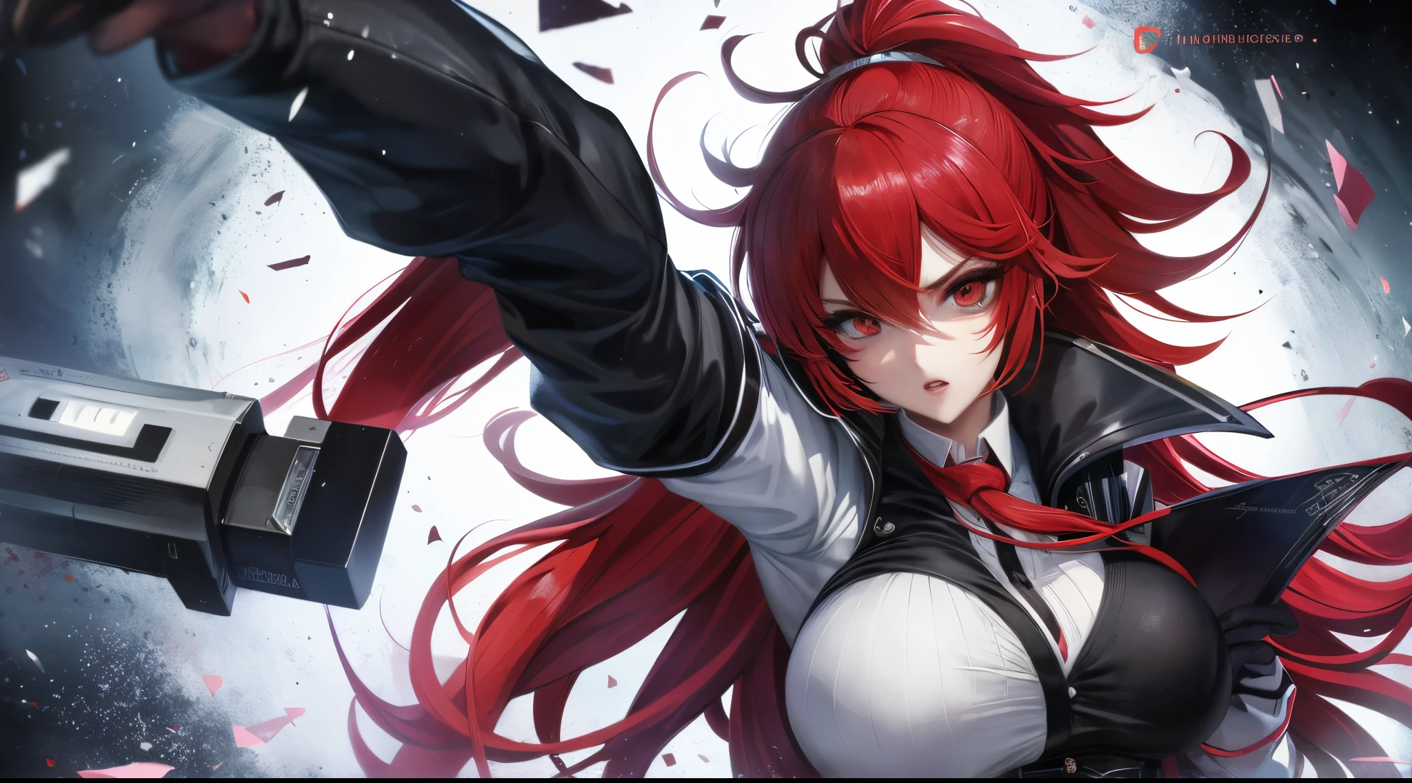 white and black uniform, School uniform, huge breast, red eyes, red hair, ponytail, messy hair, naughty, delinquent, light make up, perspective, super detail, high quality, 8k, best quality, textured skin, retina