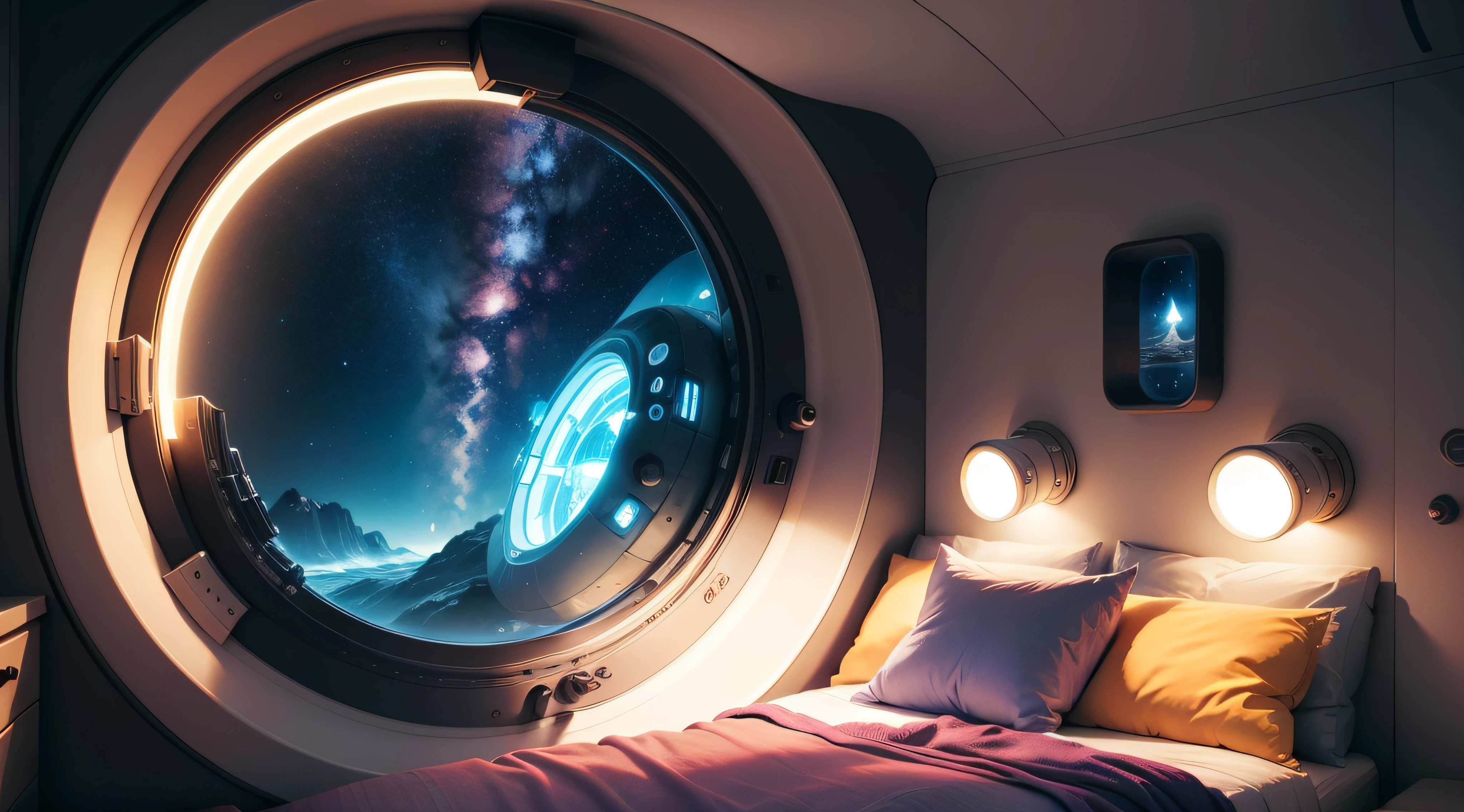 Dimmly lit spaceship escape pod bedroom, With highly detailed comfort and colorful space themes, core aesthetics, high-tech closed, door visible, Through the porthole hole illuminated by the soft glow of several scattered stars, High-contrast illumination 24K image resolution.