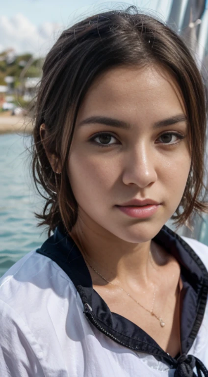 Gere uma imagem realista de uma jovem exploradora digital . Ela tem 25 anos, tem olhos castanhos expressivos e cabelos pretos com brilho natural. Its appearance is vibrant and authentic, reflecting a mix of curiosity and elegance. Vista-se com roupas ade surfista (she is practicing the sport of sailing on a sailboat)