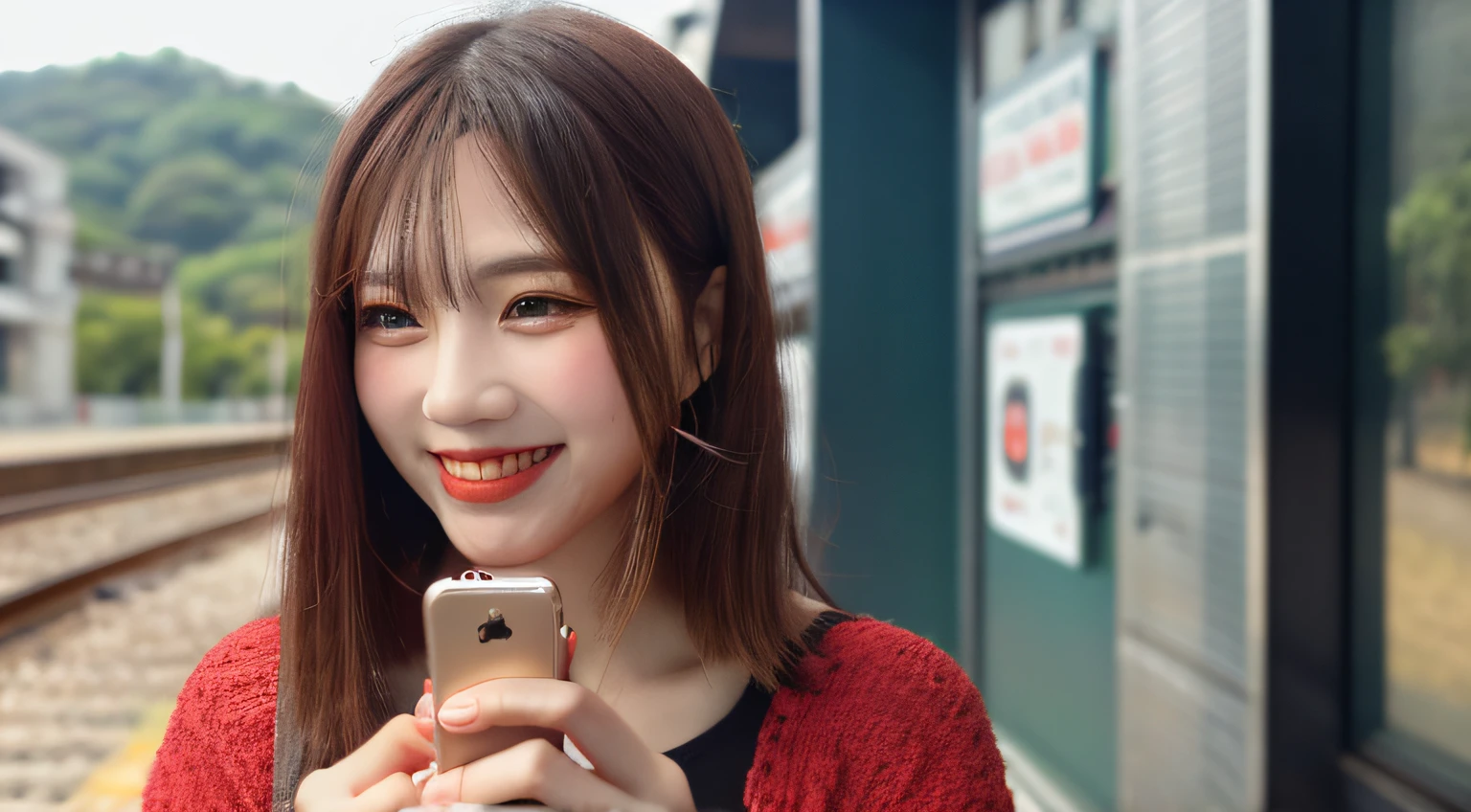 ​masterpiece、top-quality、hyperdetailed face、ultra-detailed hair、red clothing、station、Holding your smartphone in one hand、look into the distance and smile、A smile