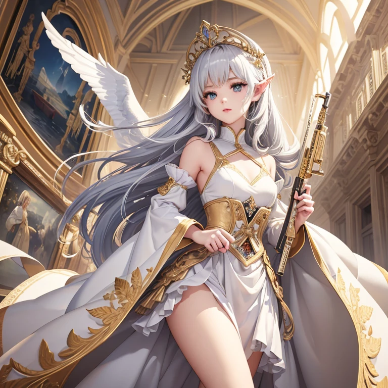 The dim light flickers alternately between bright and dark,Gradually gathered on a petite figure。as time goes by,Thousands of white cherry-like light-colored hair stand out from the light,The girl’s exquisite body also revealed。
Milky white skin reveals healthy blood color,White jade-like limbs stretch out in the light,The girl slowly opened her charming cherry-colored eyes.,Let the light weave her clothes。
A pure white high-top flat hat with gold lace stripes appeared on her head,A pure white military uniform also appeared on her body with light particles.。
Girl wearing medieval Western European style military uniform,Military uniforms that use ancient aristocratic costumes as design elements,It also adopts the classic gold-trimmed design style - whether it the small V-neck on the chest,Or the cuffs that fit tightly on the arms?。These seemingly insignificant detailut while adding a sense of dignity to the clothes,,It also makes the girl wearing this body more artistic.。
The girl dressed in silver wears white leather boots,Wearing a white cloak decorated with lace and gold trim,She like an elf walking out of a painting,Just like a doll of a god,Everything about her,They are all extraordinary and beautifulpared with the fantasy world she in,Girls are like angels in hell,Pur「angelicales」The mission to purify this area filled with filth.。
girl,That Ye You in the reverse soul staretch out your delicate hands towards the air in front of you,gradually appeared in her hands,It's a semi-automatic flintlock gun。
Gilt gun body,Sterling silver barrel,The design of the flintlock gun equally exquisite.。
Although the flintlock gun seems out of place in today's era,,But in the hands of Ye You, who wearing a classic military uniform,The flintlock gun suddenly became the most perfect match in the world.。Thanks to a certain ability of Ye You,The flintlock has even become Ye You’s exclusive weapon in this era.。
