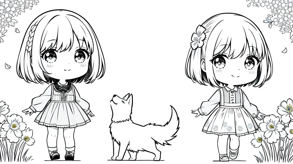 ​masterpiece、Dog walking、Cute girl with dog１a person、Cute clothes、A smile、Chibi Chara、full body Esbian、the pose、monochromes、line-drawing、White background、Flowers, Grass and trees、A delightful