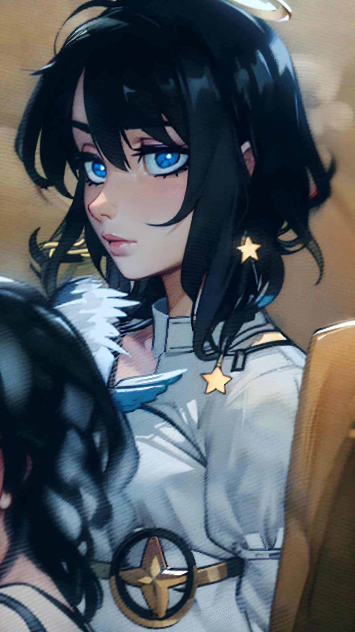 a close up of a woman with a headband with stars on it, with stars, with kind face, wearing angel halo, with accurate face, blurry image, tumblr, face picture, asian face, wearing angel halo covered face, with round face, face brightly lit, potrait, profile image, stars in her eyes, background heavenly, non blurry