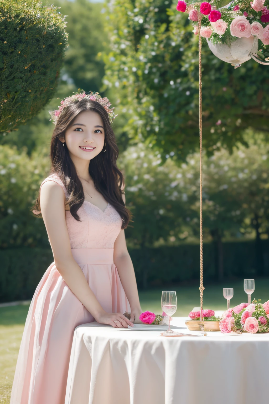 (Best quality,4K,A high resolution,On a table:1.2),actual,girl (18yr old),In the gardens of Versailles,lots of roses、china rose,Swing,Pink filter,Smilingly