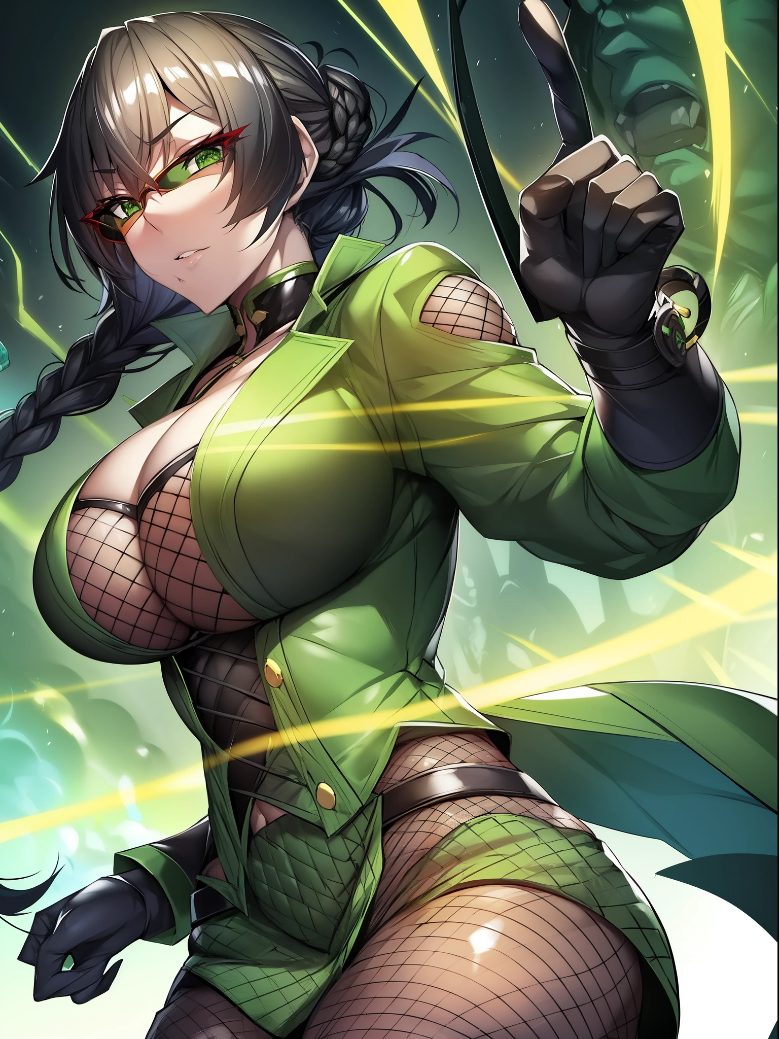 jungle battlefield，black twist braid，green sunglasses idol oriental face shape，Thin lip light green loose fishnet combat uniform，black non-slip gloves，Open the chest，exposing the lower half of the chest,，areola of breast