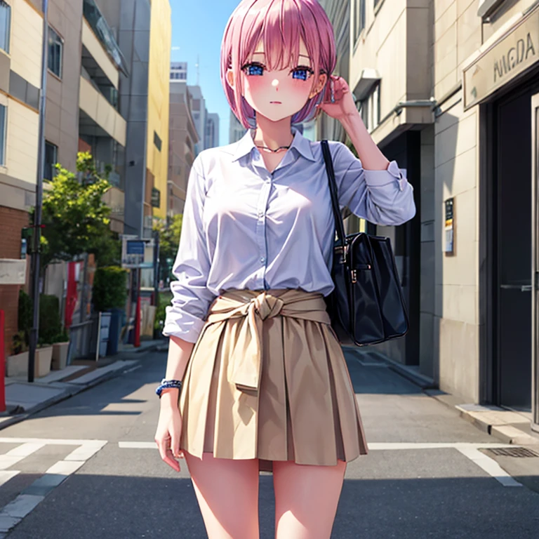 High school girl with short bob、Pink hair color、Green skirt、Cardigan on the waist、White blouses、Brown loafers、Home、Small piercings