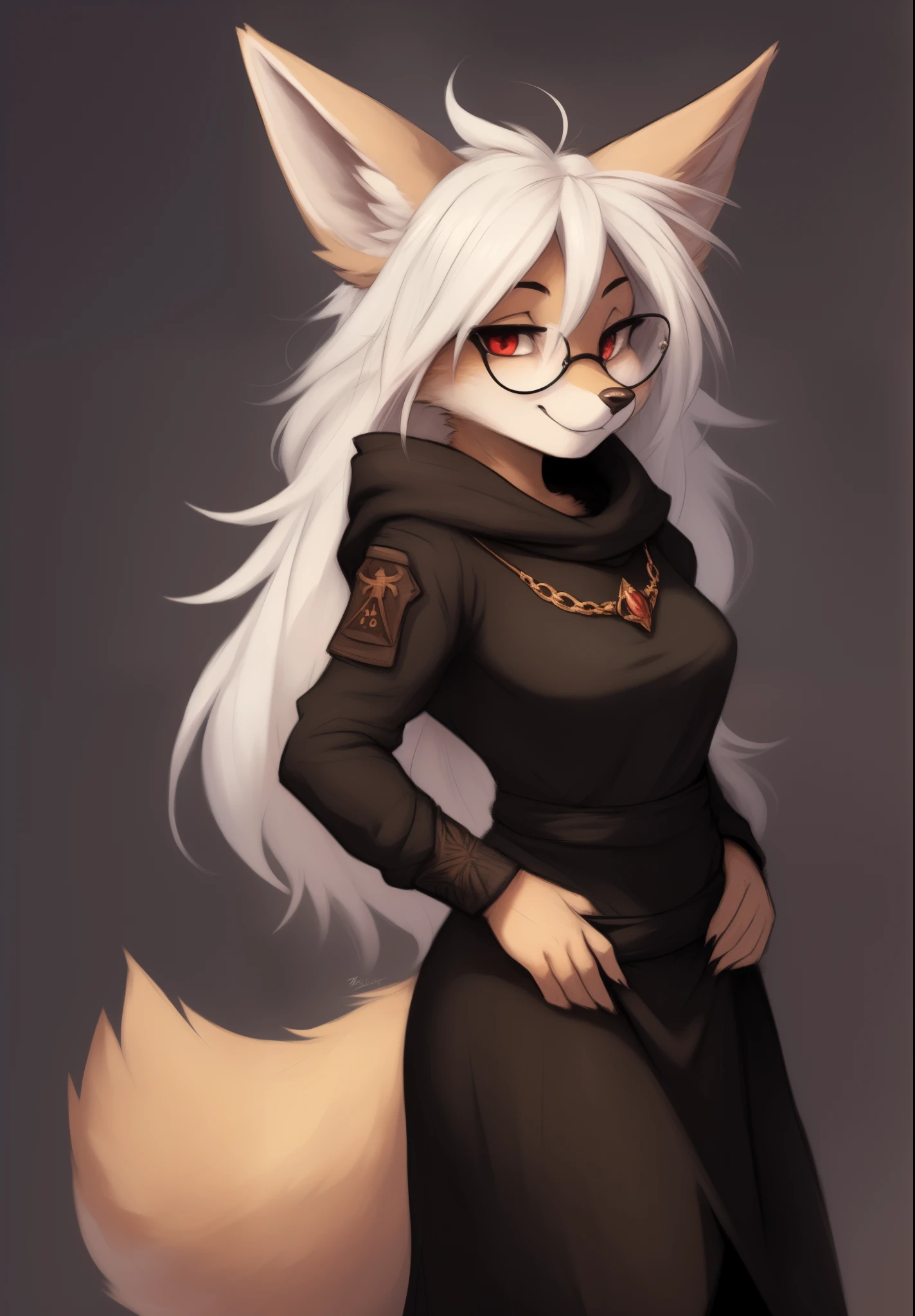 by Zackary911, by Kenket, by Kilinah, by fluff-kevlar, anthro, mommy female fennec fox, solo, long white hair, full body, one big tail, dark background. dark priest with balck and red cloack open belly, round glasses, full body concept, realism, reference, red eyes