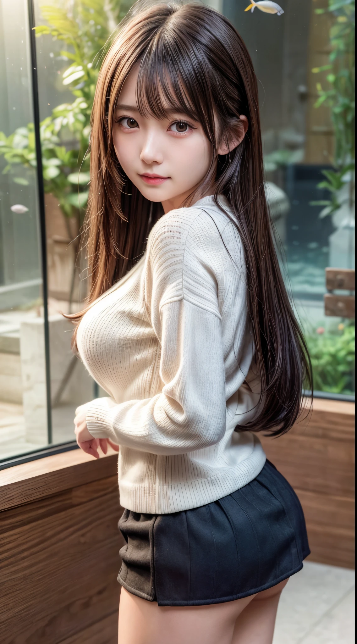 8K, hight resolution, absurderes, masutepiece, Best Quality, High quality, Detailed, ultra-detailliert, Hyper Detailed, Insanely detailed, girl with, Smiling, Standing, Looking at Viewer, Long hair, Brown hair, Black hair, drooing eyes, tareme, Shiny skin, Detailed skin, Detailed face, Glamorous, Beautiful breasts, Beautiful ass, Sweaters, Jacket, Mini skirt, Curve, 20yr old, Japanese, In the aquarium, Photorealistic, hyper realistic photography, Raw photo, Upper body, Front view, Cowboy Shot, Sunlight, depth of fields, Sharpen