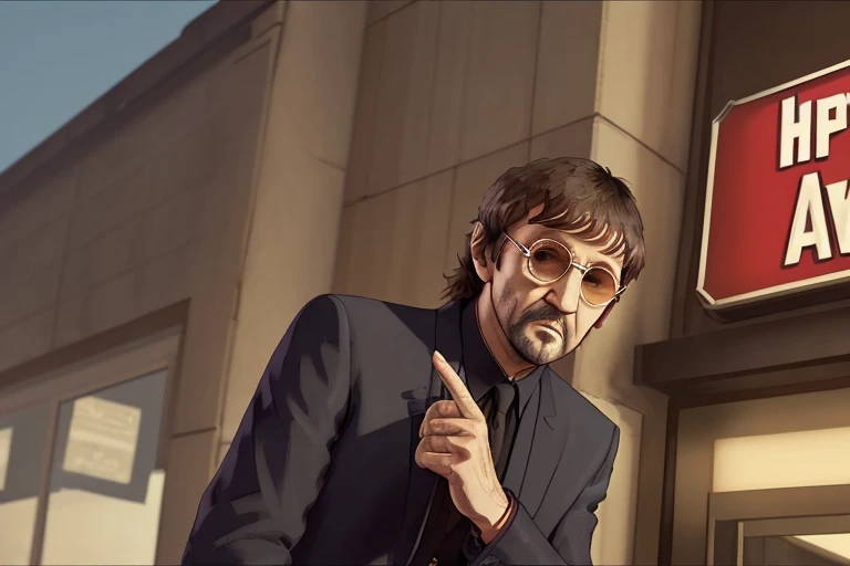 best quality, artwork-gta5 heavily cartoonish stylized portrait, (hyperdetail:1.15), (soft light, sharpness:1.2), action pose, action shot, (John Lennon, and Paul McCartney, and George Harrison, and Ringo Starr:1.3), in black suit, near bank entrance, gtaV, gta5