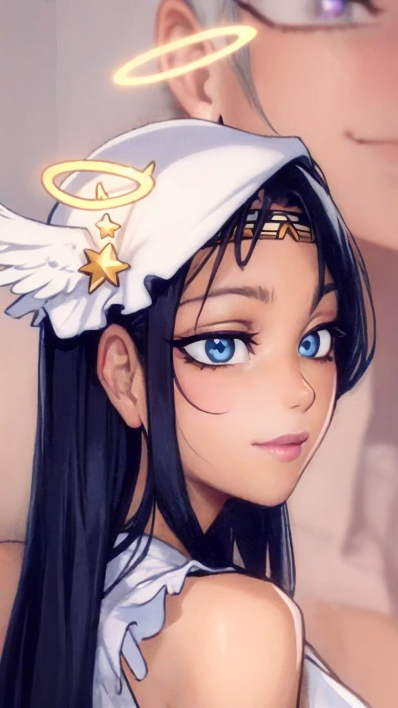 a close up of a woman with a headband with stars on it, with stars, with kind face, wearing angel halo, with accurate face, blurry image, tumblr, face picture, asian face, wearing angel halo covered face, with round face, face brightly lit, potrait, profile image, stars in her eyes, background heavenly, non blurry
