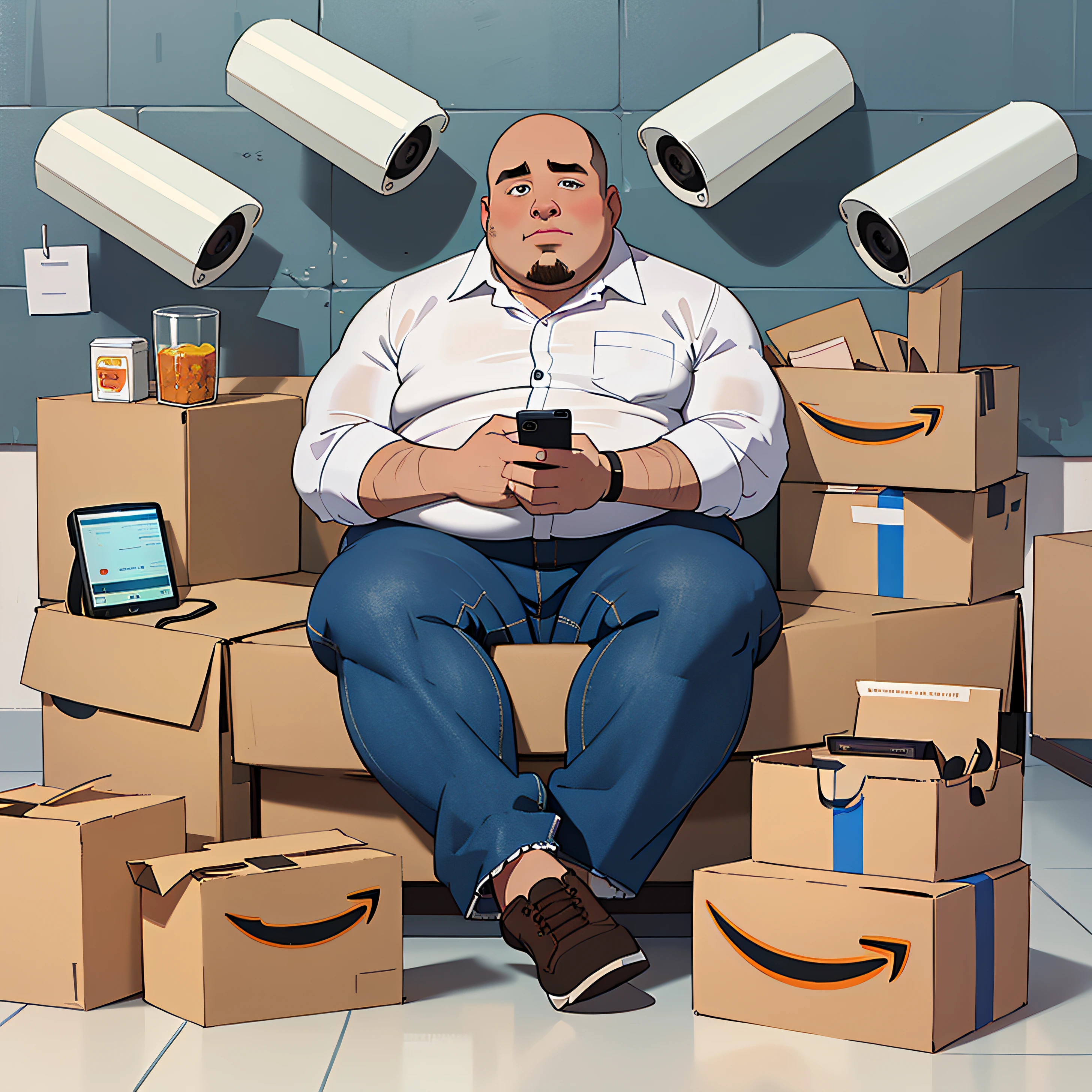 a guy who is fat, ugly, balding, sitting on a couch with a lot of amazon pakages on the floor while looking on his smart phone, being at peace wearing a white shirt and brown pants with 1984 style video cameras on the back wall watching him