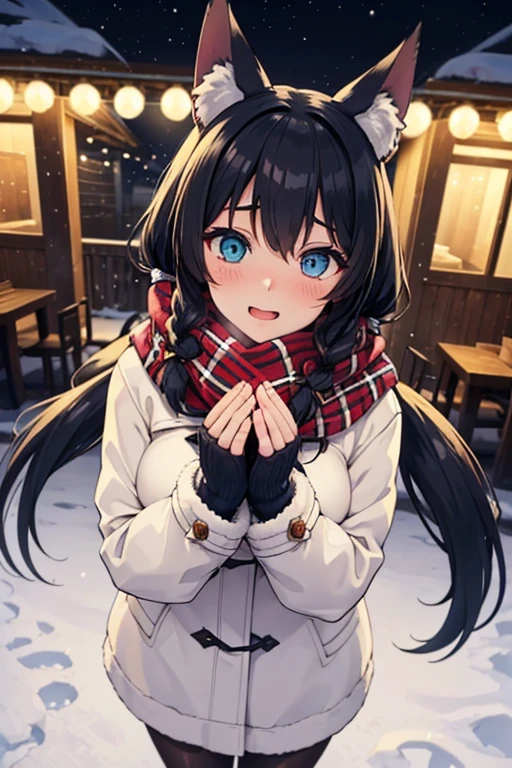 Anime style, outdoor, 1wall, wide angle, 1woman, beautiful woman, very beautiful woman, cute face, cute expression, hard black hair, heterochromia eyes, heterochromia blue and yellow, blue right eye, yellow left eye, bi color eyes, wolf ears, kemonomimi, wolf tail, fox tail, fox girl, Braided hair, Braids of hair pigtails, long twintails, Shy, embarrassed, Blushed, wide angle, Pov, looking at the camera, from above, Standing, winter scarf, cute scarf, warm coat, big coat, snowy weather, Christmas city background, modern city, glowing Christmas lights, (good), light rays, glowing, (Masterpiece), wallpaper, extreme detail description, half body, professional, Portraits, Landscape, photography, winter, snow, snow woman, blue eyes, red cheeks, Winter coat, has winter coat, big winter coat, oversize coat, medium small size breast, Snow gloves, winter gloves, looking up at the night sky,(Best Quality,4K,hight resolution,masutepiece:1.2),Realistic, Christmas,girl (25 years old),Wear warm clothes,Snow falling in the background,Winter wonderland,Joyful expression,Magical atmosphere,Soft lighting,Vivid colors,Happiness,laught,Welcoming environment,Warmth,Smiling eyes,braided hair pigtails,Shimmering decoration,Twinkling lights,Peace and quiet,Excitement and anticipation,Snowy landscape,childhood innocence,Enchanted moments,Playful laughter,Upholstered stockings,Holiday spirit,love and togetherness, both hands holding the scarf, shy expresion wolf ears, wolf tail, kemonomimi, Cute tail, cute wolf ears