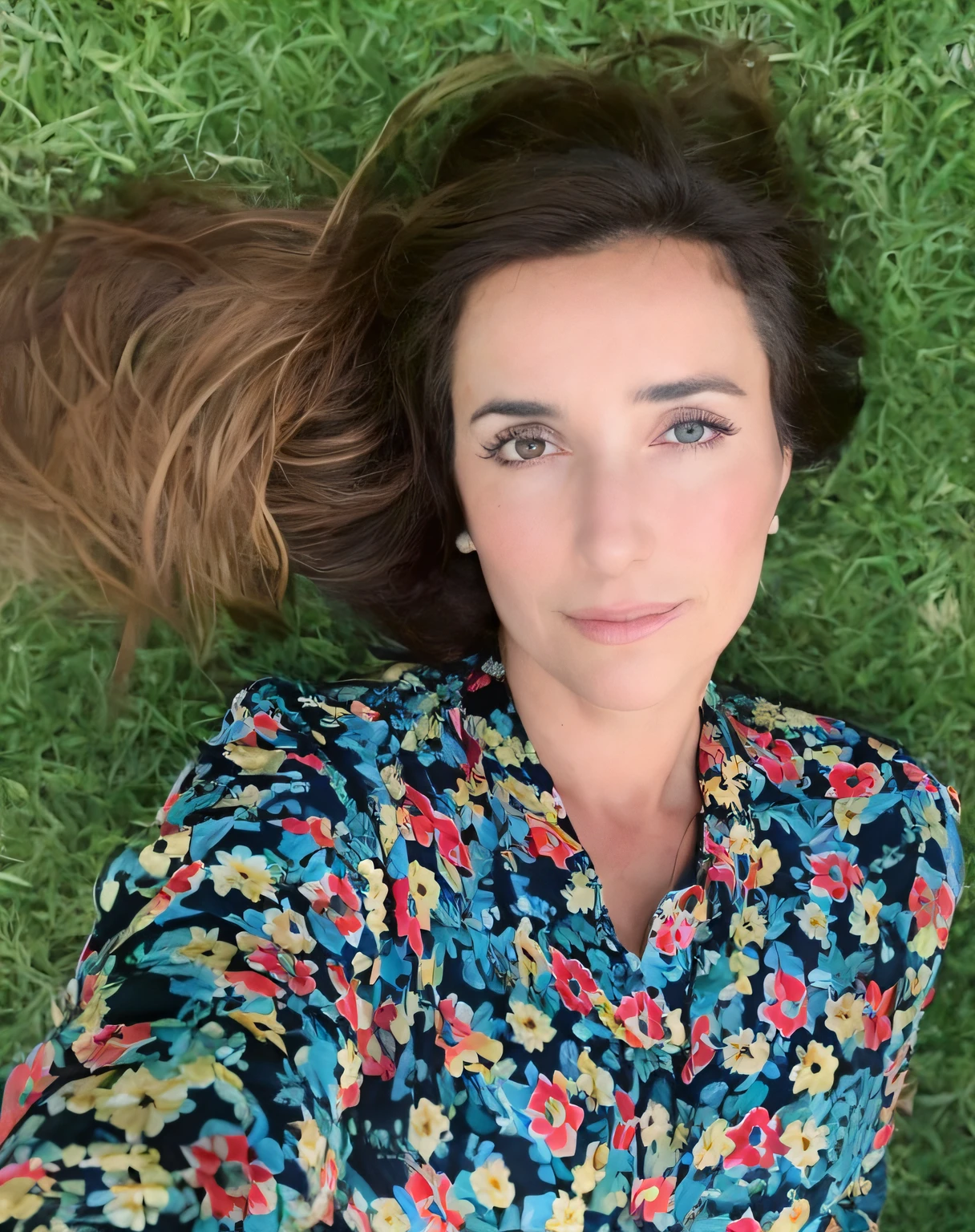 Arafed woman lying on the grass with her hair tied in a ponytail., ana de la reguera portrait, Imagen de perfil, Foto de perfil, photography portrait, foto de perfil, inspirado por Lucia Peka, Retrato a mitad de plano, Mina Petrovic, en la hierba, Vista desde arriba, staring directly into camera, inspired by Eva Gonzalès, Belleza natural, Toma de retrato