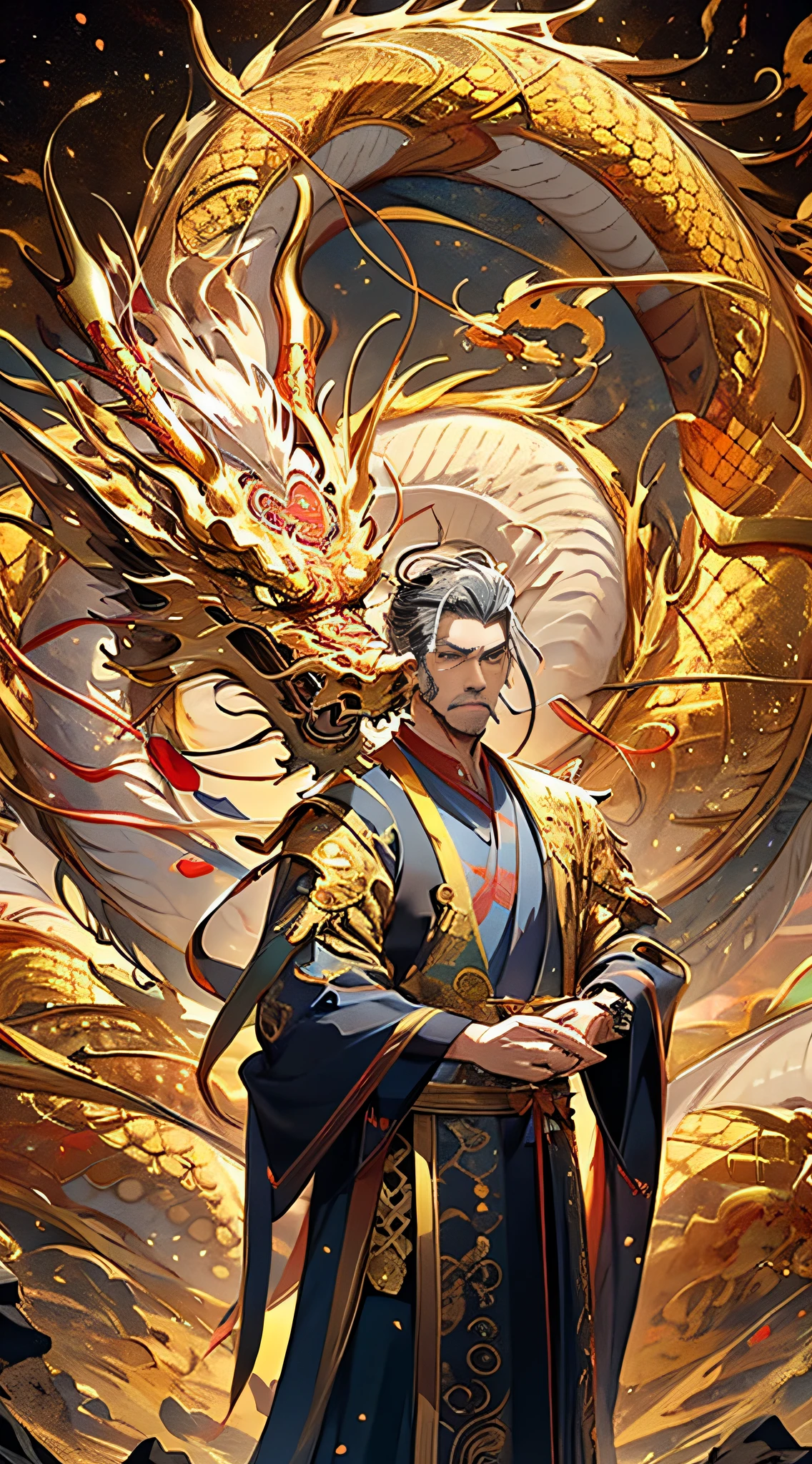 (tmasterpiece:1.2),tmasterpiece,quality,Best quality,very detailed nipples,pixiv,Taoist,of a guy,golden gi,Detailed facial details,A man stands in front of a golden Chinese dragon,Majestic dragons,cleanness,詳細な目,detailed finger