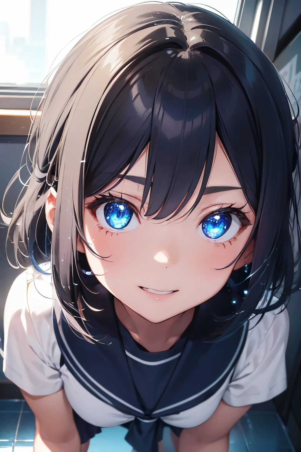 highres, highest quallity, illustration, ultra detailed, (detailed face), (detailed eyes), (glow:1.2),((glow reflection hair:1.5)),(shiny Gilji blue color hair),(Sparkling lighting:1.2), best quality, hyper detailed, masterpiece, 1girl, solo, smile,short hair,asymmetrical hair, Break,(school uniform:1.1),luminous eyes, Break,(fullbody:1.4),stadning,looking at viewer,BREAK,anime