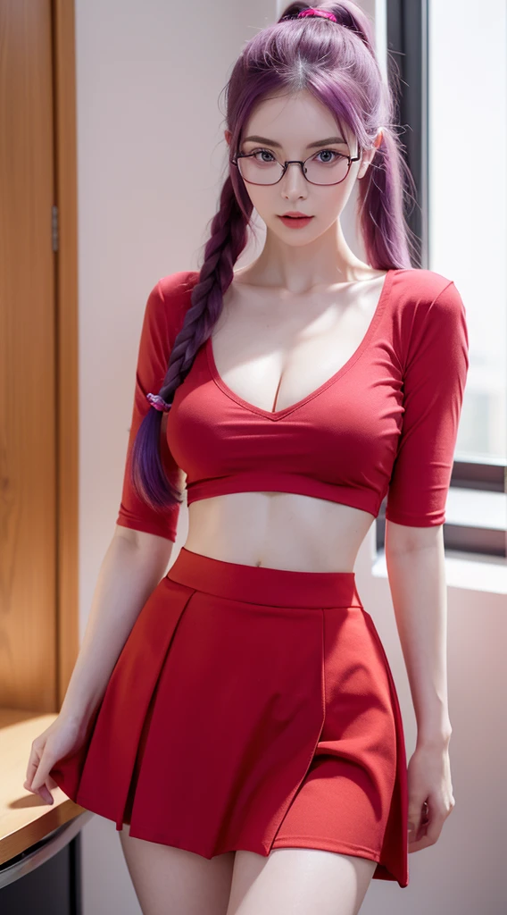 A beautiful woman standing in class room, wearing ((glasses, red shirt, skirt)), pale skin, smooth pale skin, skin tune pink, perfect body, detailed body,((round big breast, small titts, big hips)), cute face, purple hair, pigtail hair, super detailed, 8k