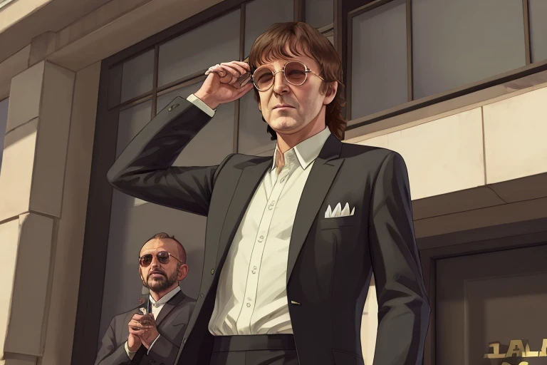 best quality, artwork-gta5 heavily cartoonish stylized portrait, (hyperdetail:1.15), (soft light, sharpness:1.2), action pose, action shot, (John Lennon:1.2), and (Paul McCartney:1.2), and (George Harrison:1.2), and (Ringo Starr), in black suit, near bank entrance, gtaV, gta5