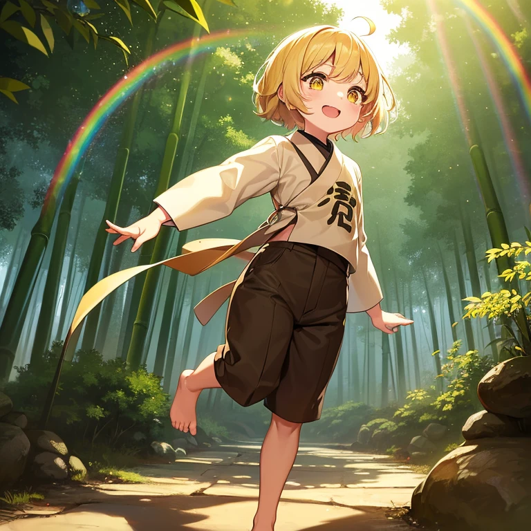 1  anime kid giwith blonde short hair and yellow eyes wearing a brown ancient Japanese shirt and pants with no shoes. She  levitating in the air looking happy in a bamboo forest with a rainbow in the background