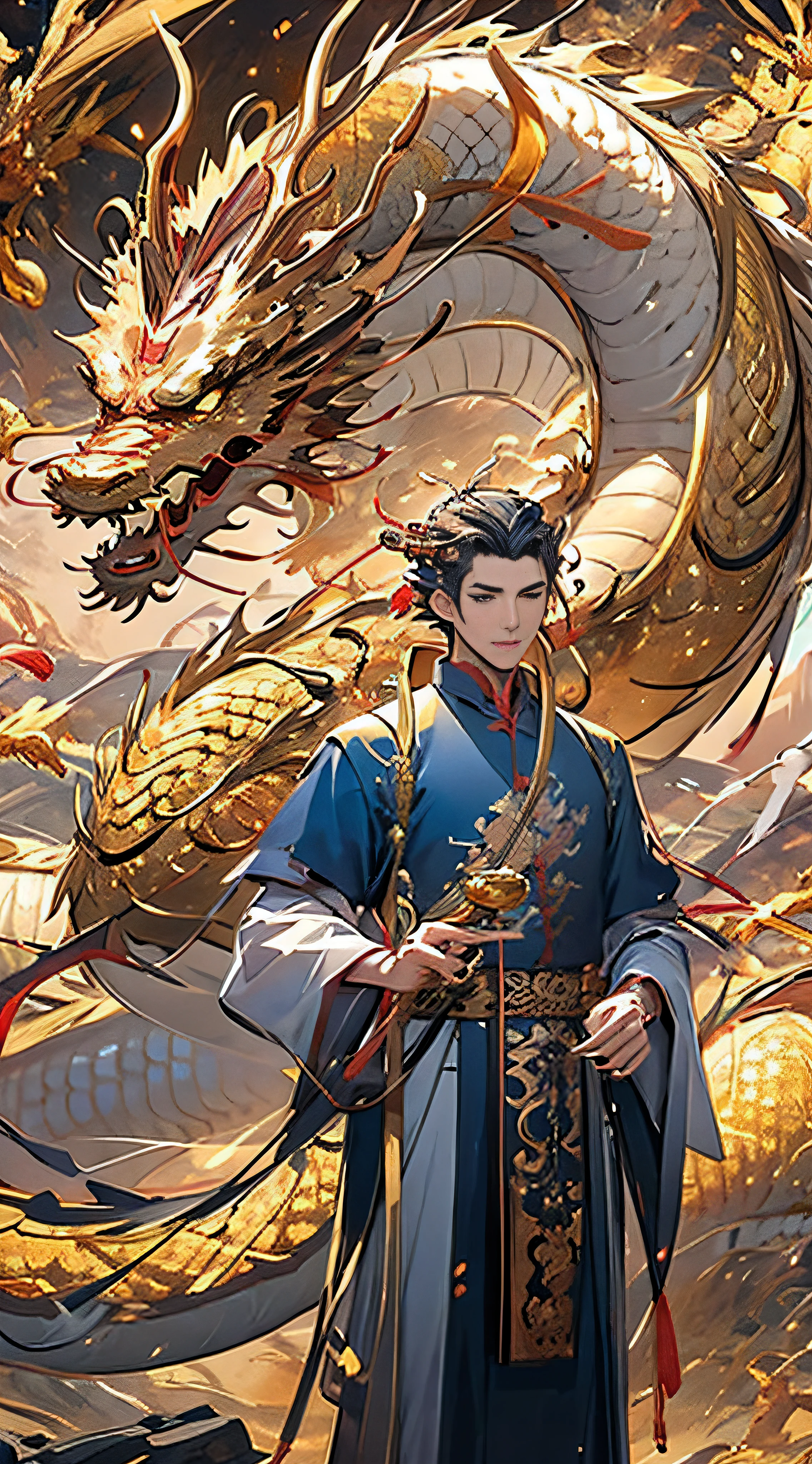 （tmasterpiece：1.2），tmasterpiece，quality，Best quality，Nipples are very delicate，pixiv，Taoist，A young man，Golden Morality，Detailed facial details，A man stands in front of a golden Chinese dragon，Majestic dragons，cleanness，詳細な目，detailed finger