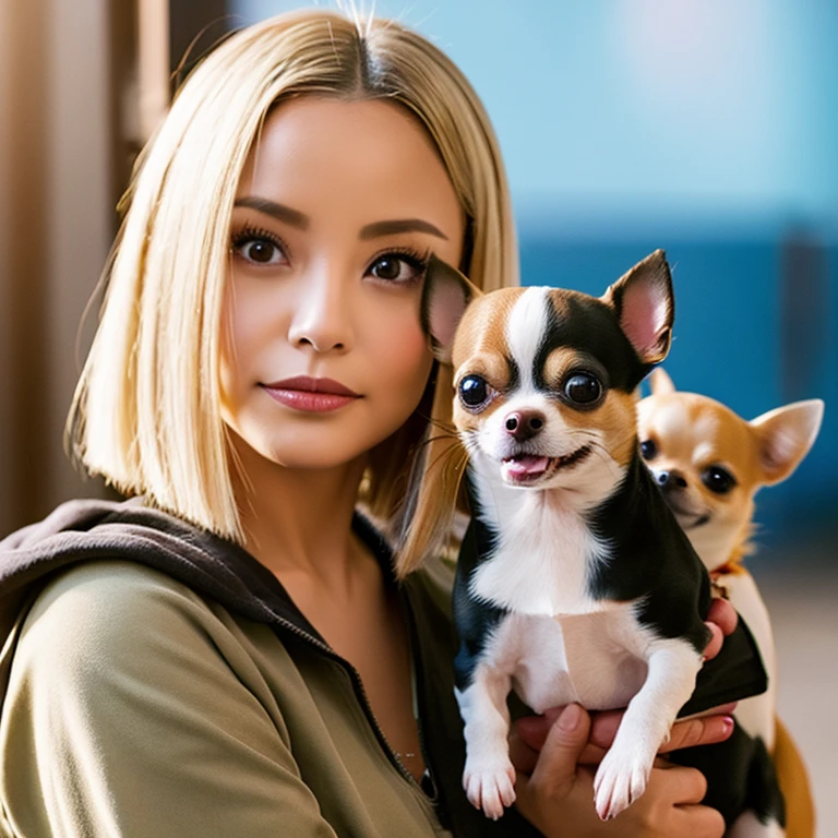 pixar pictures。woman and two chihuahuas。woman has blonde bob hair。white chihuahua。black and brown chihuahua。