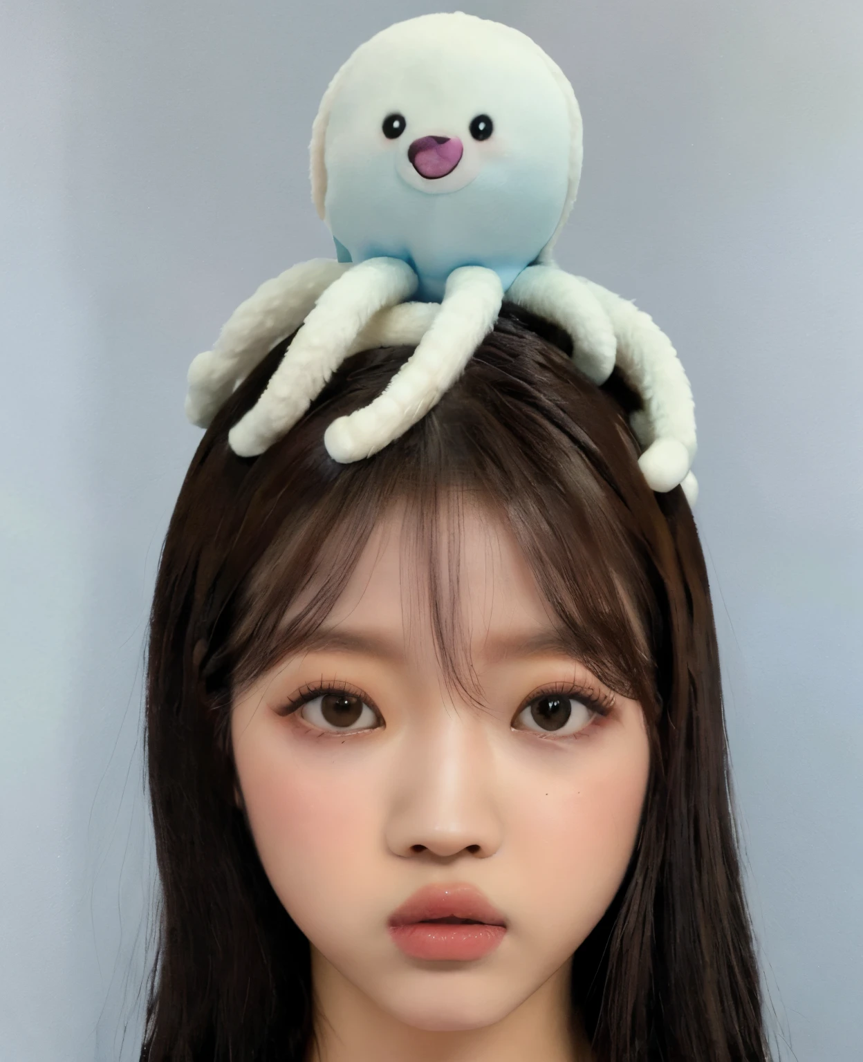 un primer plano de una mujer con un pulpo de peluche en la cabeza, ulzzang, Lalisa Manobal, Jaeyeon Nam, con una cabeza grande y ojos grandes, Taejune Kim, Tocado de medusa, Lalisa Manoban de Blackpink, Wan adorable cara coreana, UWU, flequillo esponjoso, Peinado kawaii, Foto de perfil de la foto de cabeza, The crown of the tentacle