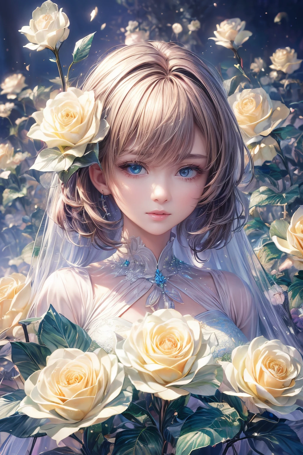 (best quality:1.4), (masterpiece:1.4), ultra high resolution, 8K, CG, exquisite, upper body, lonely, thumb girl, little princess, blue taffeta court dress, green leafy floral background, detailed facial features, brown hair, almond-shaped eyes, detailed eye makeup, long eyelashes, amber eyes with a starry gaze, delicate lip details, soft and harmonious style.