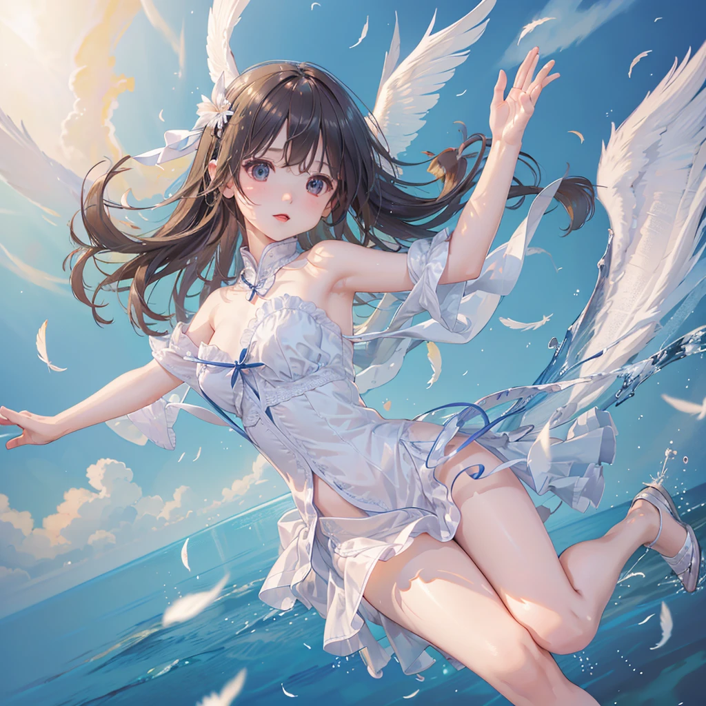 masterpiece, top-quality, in 8K, realperson, realisitic, Highly detailed CG, shinny skin, Fully Focused, surrealistic, blue-sky, ((Floating in the air)), The Glory of God, ((Little Angel)), cute little, Appearance of about , (fullnude), white feathers dance, Full body like