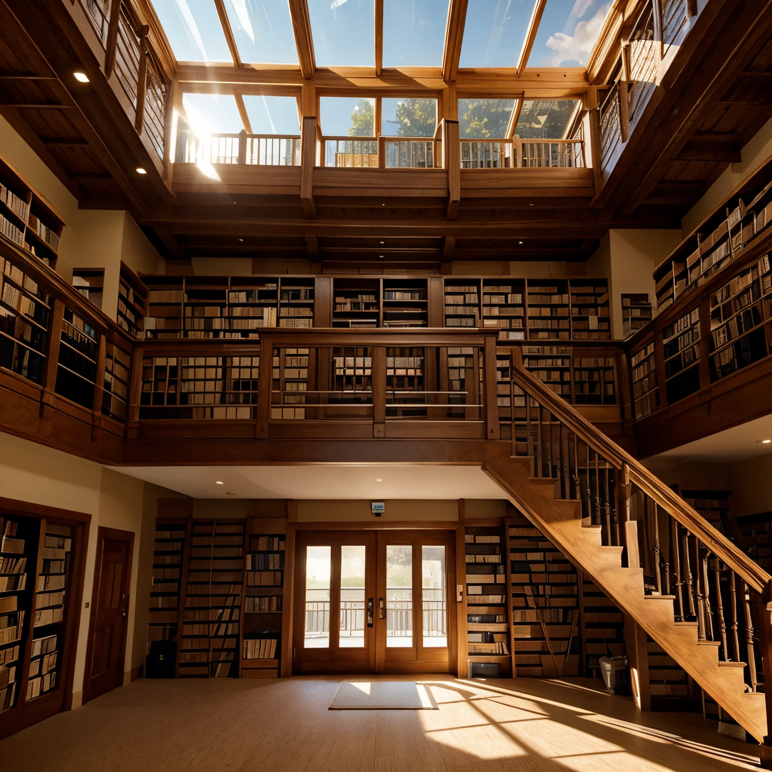 2 story library, sunlight leaking through window