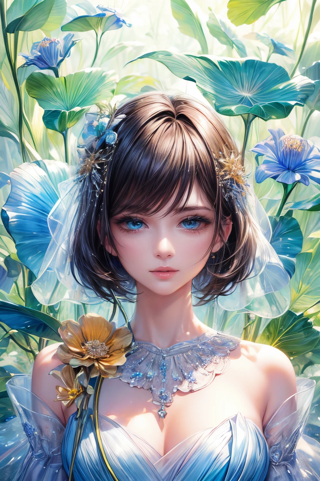 (best quality:1.4), (masterpiece:1.4), ultra high resolution, 8K, CG, exquisite, upper body, lonely, thumb girl, little princess, blue taffeta court dress, green leafy floral background, detailed facial features, brown hair, almond-shaped eyes, detailed eye makeup, long eyelashes, amber eyes with a starry gaze, delicate lip details, soft and harmonious style.