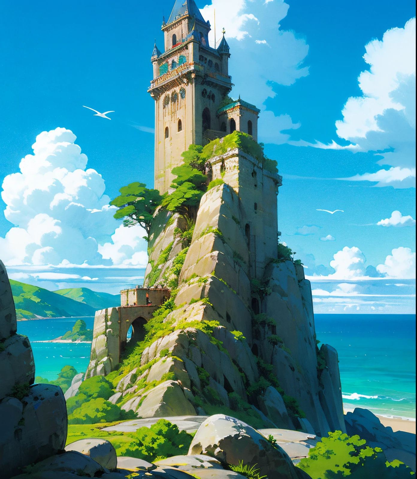(((best quality))),photo of an island, distant photo, appear horizon, huge sea, huge tower on the island, architecture, blue sky, building, day, fantasy, island, huge tower on the island, building, architecture, landscape, sea, beautiful day, rock, landscape, sky,tower, tree, waterfall, distant image