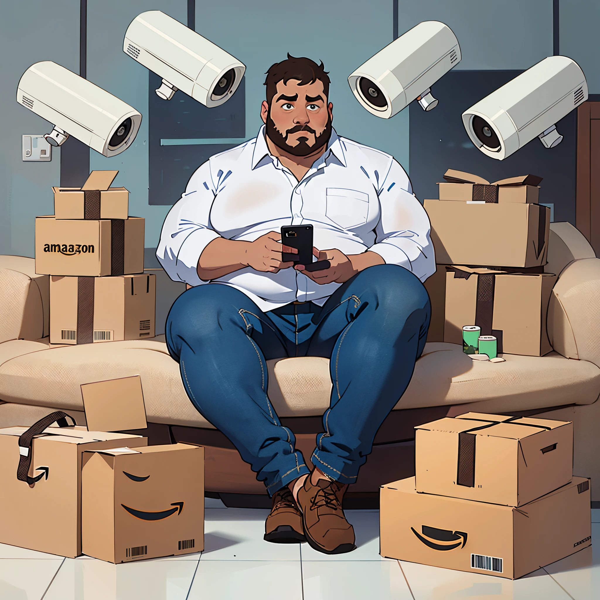 a guy who is fat, ugly, balding, sitting on a couch with a lot of amazon pakages on the floor while looking on his smart phone, being at peace wearing a white shirt and brown pants with 1984 style video cameras on the back wall watching him