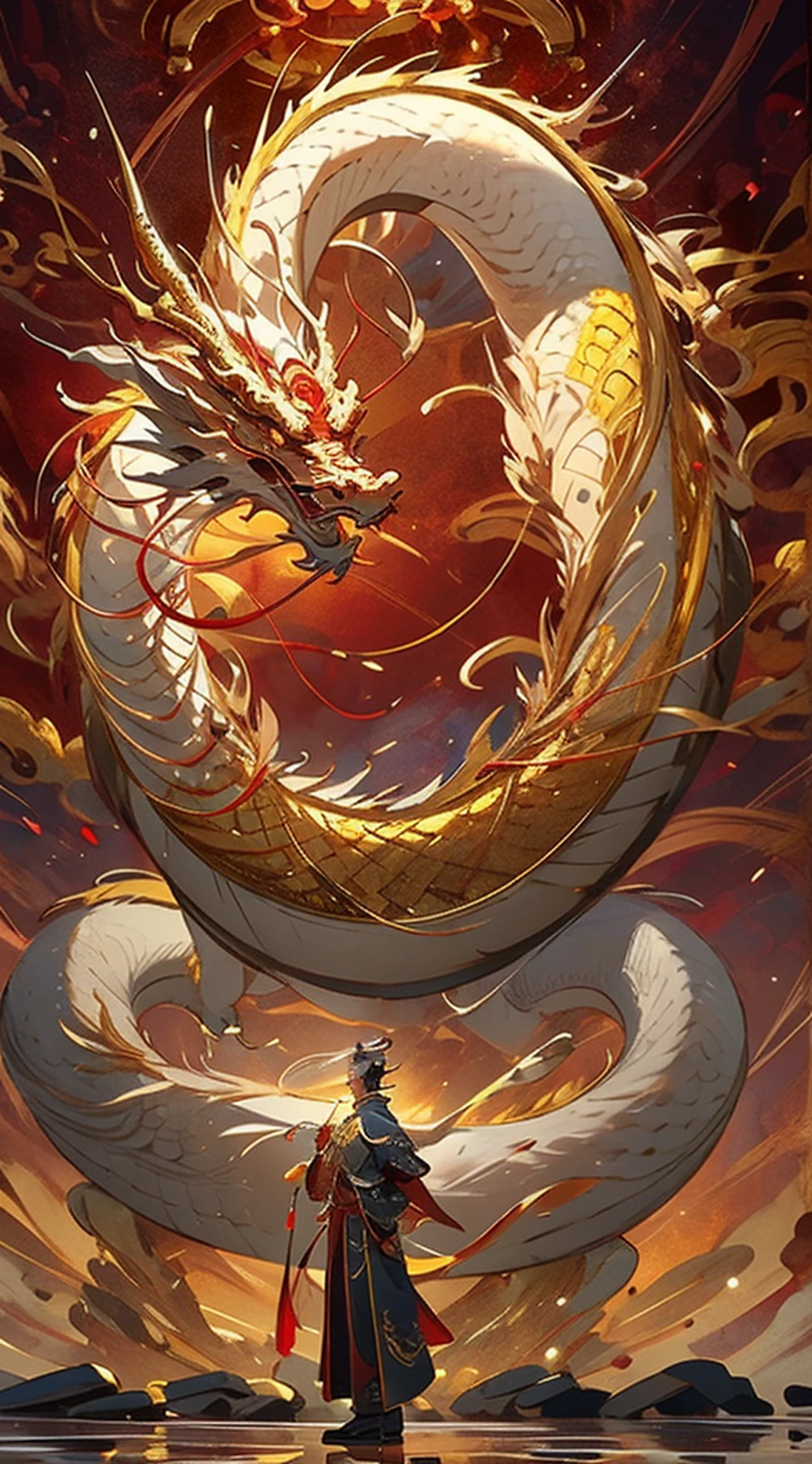 (tmasterpiece:1.2),tmasterpiece,quality,Best quality at best,Very meticulous,pixiv,Taoist,A young man,Gold set,Long dragon horn,Detailed facial details,Standing in front of a golden Chinese dragon,Majestic dragons,cleanness,詳細な目,detailed finger