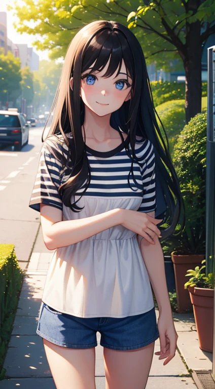 1girl, long brunette hair, blue eyes, smiling sweetly, looking at viewer, wearing black and white striped shirt, beige shorts, city, sidewalk, bushes, trees, masterpiece, 8K, high contrast, perfect lighting, perfect clothes, perfect ???????, perfect eyes, perfect face, sharp resolution, cowboy shot