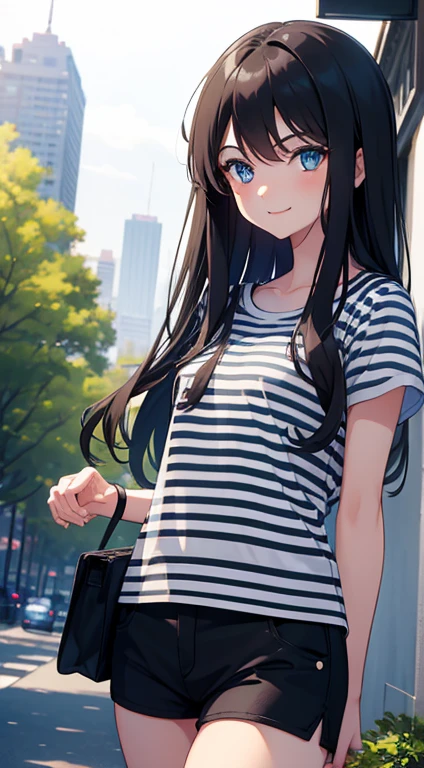 1girl, long brunette hair, blue eyes, smiling sweetly, looking at viewer, wearing black and white striped shirt, beige shorts, city, sidewalk, bushes, trees, masterpiece, 8K, high contrast, perfect lighting, perfect clothes, perfect anatomy, perfect eyes, perfect face, sharp resolution, cowboy shot