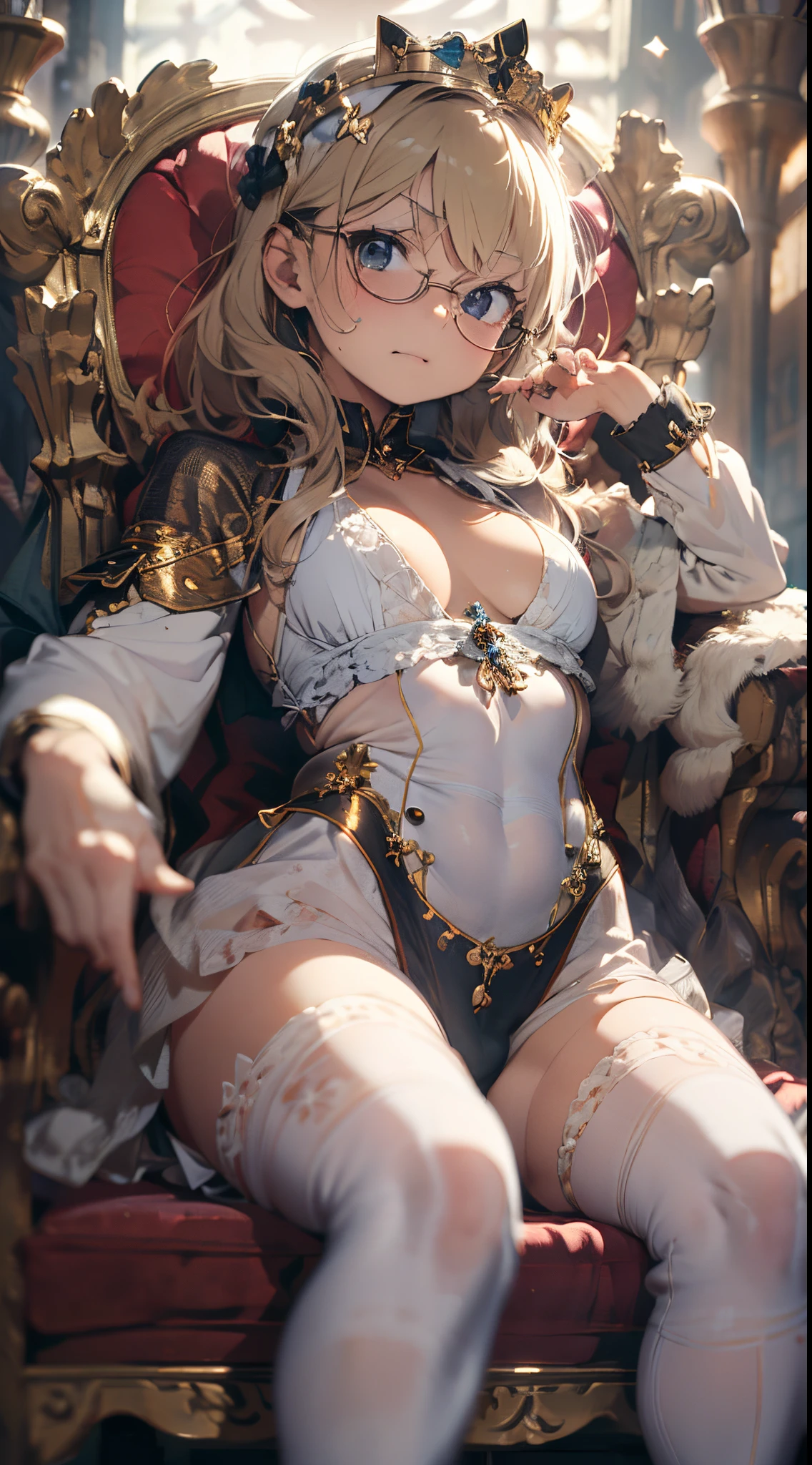 (Best Picture Quality, Masterpiece:1.2), (Ultra-Definition Illustration), nsfw, (extremely cute little princcessl:1.3), (1 girl:1.2), solo, (from below), nsfw, gorgeous queen dress, sitting on throne chair, queen's crown, full body, round , (glasses, blond short cut hair), armpits, (white thigh-high pantyhose:1.2), armpits, evil smile, mean face, mesugaki smile, gorgeous palace room, fancy room, rpgroyal, beautiful leg, showing sole,