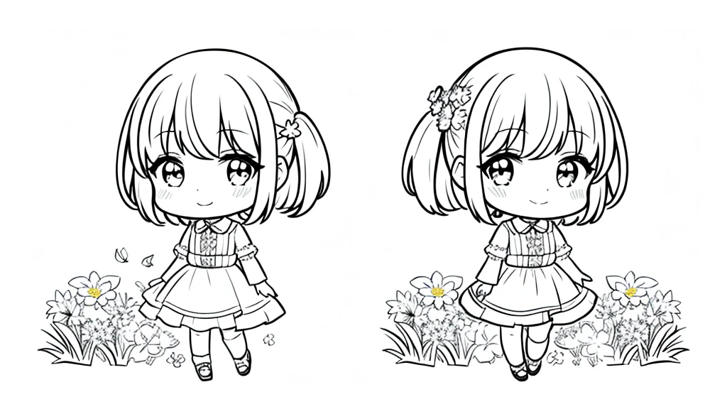 (a girl solo:1.2)、​masterpiece、Dog walking、Cute girl with dog１a person、Cute clothes、A smile、Chibi Chara、full body Esbian、the pose、monochromes、line-drawing、White background、Flowers, Grass and trees、A delightful