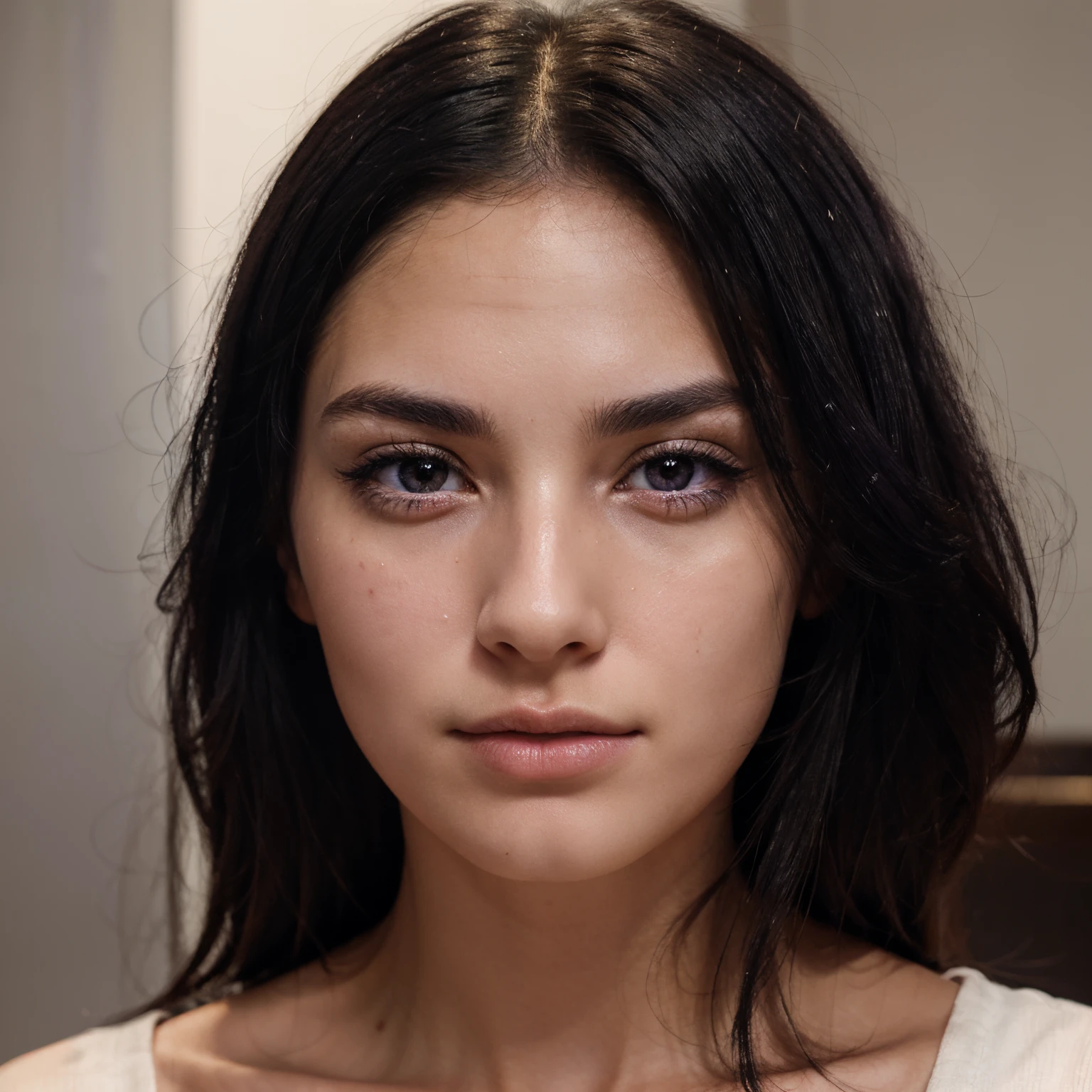 1 woman, only face, black hair, purple eyes, beautiful face, a few scratches on the cheek, not very feminine