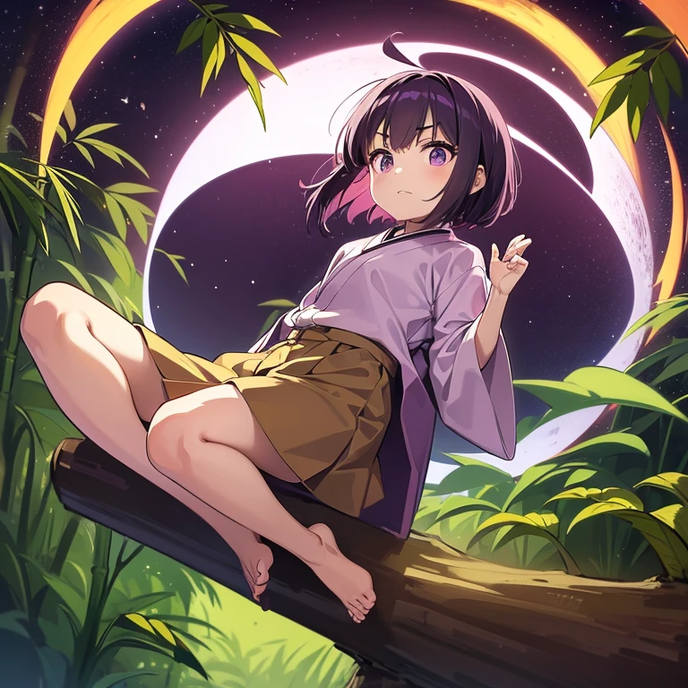 1 Little anime kid girl with purple short hair and purple eyes wearing a brown ancient Japanese shirt and pants with no shoes. She  levitating in the air looking angry in a bamboo forest in front of a full red moon in the red night sky