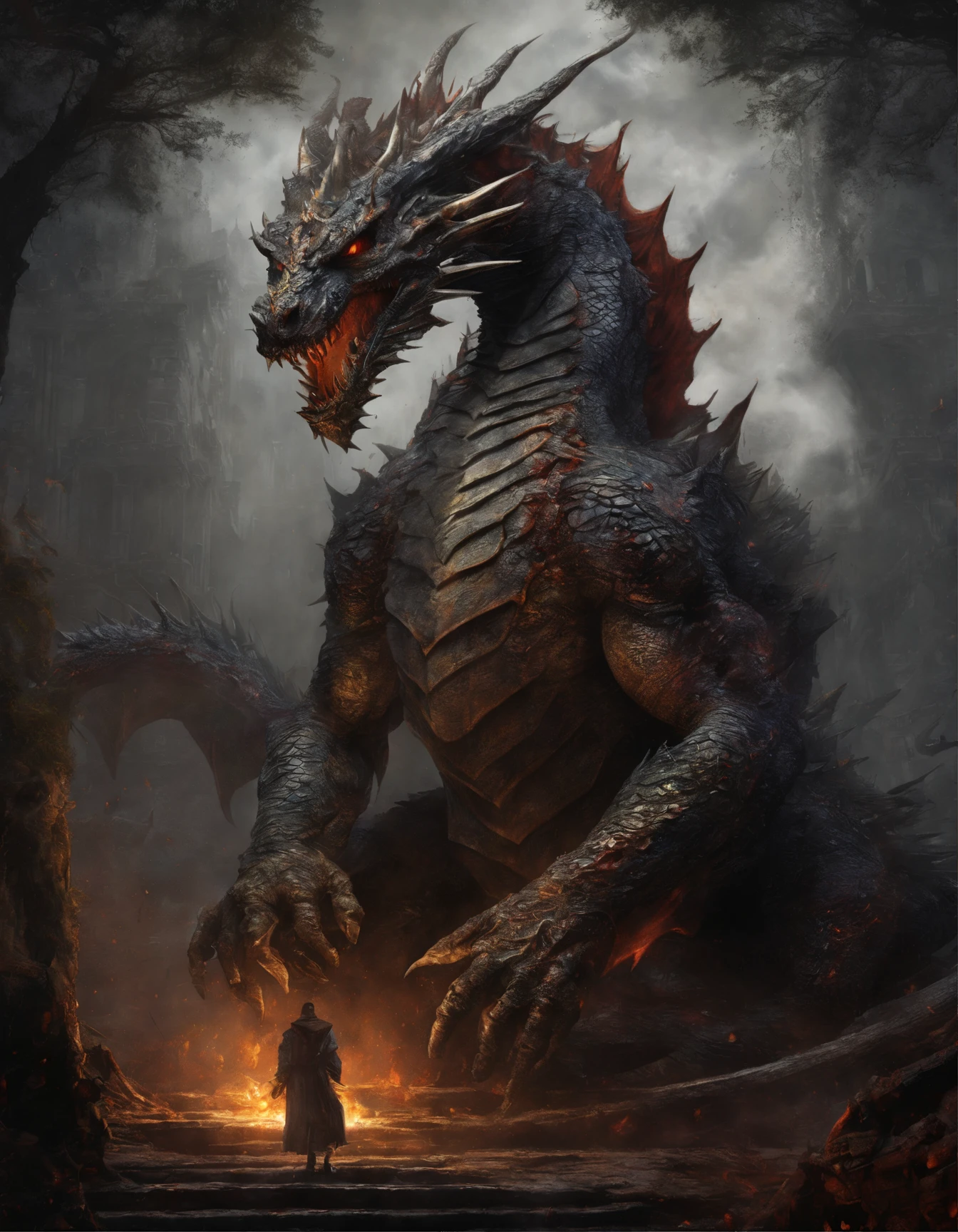 (best quality,4k,8k,highres,masterpiece:1.2),ultra-detailed,(realistic,photorealistic,photo-realistic:1.37),oil painting,
Korvold Fae-Cursed King Dragon from Magic the Gatherijg Universe in his dragon form dominates the scene, transformed at his own wedding, with a wedding all around, he eats the bouquet, and his guests, with his huge and muscular body coiling around a crumbling ancient castle, with the kings throne around. The meticulously rendered scales on his body glisten with a mix of vibrant colors, ranging from fiery reds and oranges to deep, mysterious purples and blacks. The texture of the dragon's scales incredibly detailed, capturing every intricate pattern and individual scale. Korvold the Fae-Cursed King Dragon piercing yellow eyes, filled with determination and power, are emphasized, and his sharp.