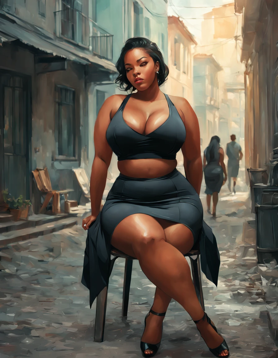 there a woman sitting on a chair in front of a building, plus size woman, beautiful fat woman, attractive plus size model, beautiful black city only, 30 year old woman from Brazil, beautiful curvy woman, plus size, beautiful woman, front view, full body, clothes, poor clothes, Artstation, very high quality artwork, beautiful artwork, impressive artwork, complete art illustration, art on guweiz style, awesome character art, wojtek fus, alena aenami and artgerm, octane cgsociety, ross tran style, stylized fantasy art, deviantart artstation cgsscosiety, awesome art style