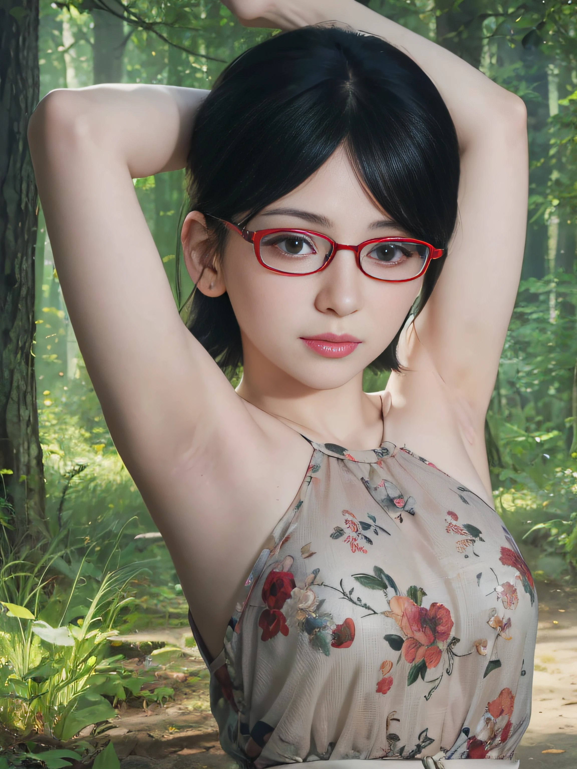 masterpiece, best quality, (realistic,photo-realistic:1.4), (RAW photo:1.2), extremely detailed CG unity 8k wallpaper, delicate and beautiful, amazing, finely detail,official art, absurdres, incredibly absurdres, huge filesize, ultra-detailed, extremely detailed, extremely detailkcaled girl,extremely detailed eyes and face, light on face,little smiles,short hair,black hair,garden,(wearing red framed glasses:1.4),forest,small breast