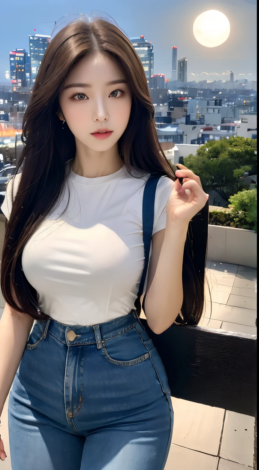 ((full moon night , Best quality, 8k, Masterpiece :1.3)), Whole body, Long legs, Sharp focus :1.2, A beautiful girl with perfect figure :1.4, perfect body abs :1.1, ((Dark brown hair, medium breasts :1.2)), (White tight tshirt, Jean bib, Standing:1.2), ((city view,), Highly detailed face and skin texture, Detailed eyes, Double eyelid