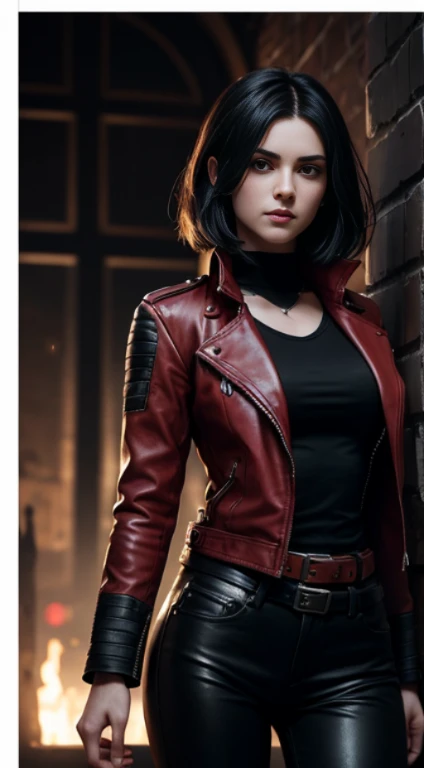 A beautiful 25-year-old British vampire mercenary with short black hair, pale skin, wearing red leather jacket and tight black pants, vista de frente, cintura para cima tiro, dynamic pose, ambient lighting, Foto realism, Detalhe intrincado do rosto, intricate hand details, altamente detalhado, cores vibrantes, cinemactic, High definition, trend in Artstation - raw style