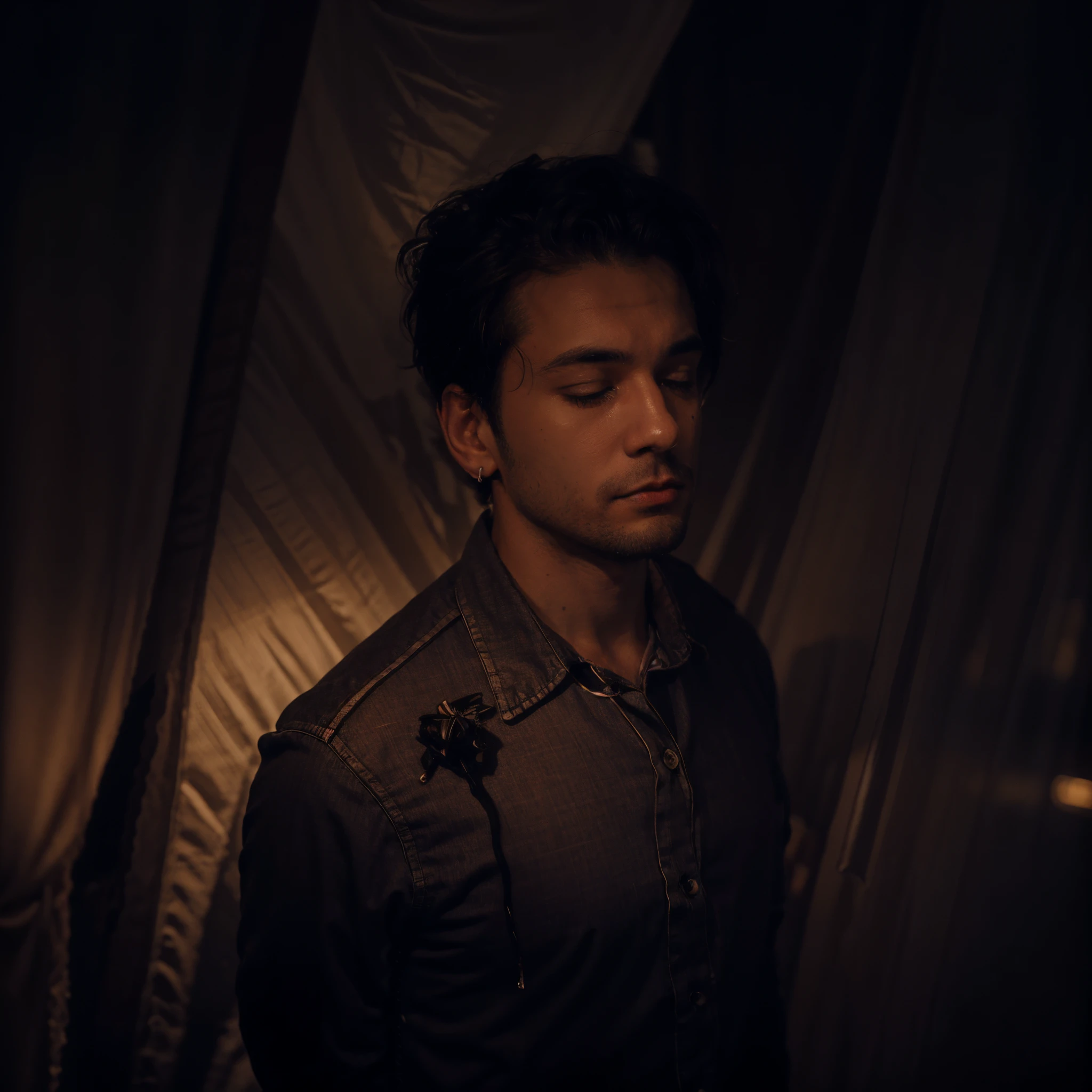 Man with a gunshot wound to the chest, blood dripping, night city landscape, night city background, white shirt